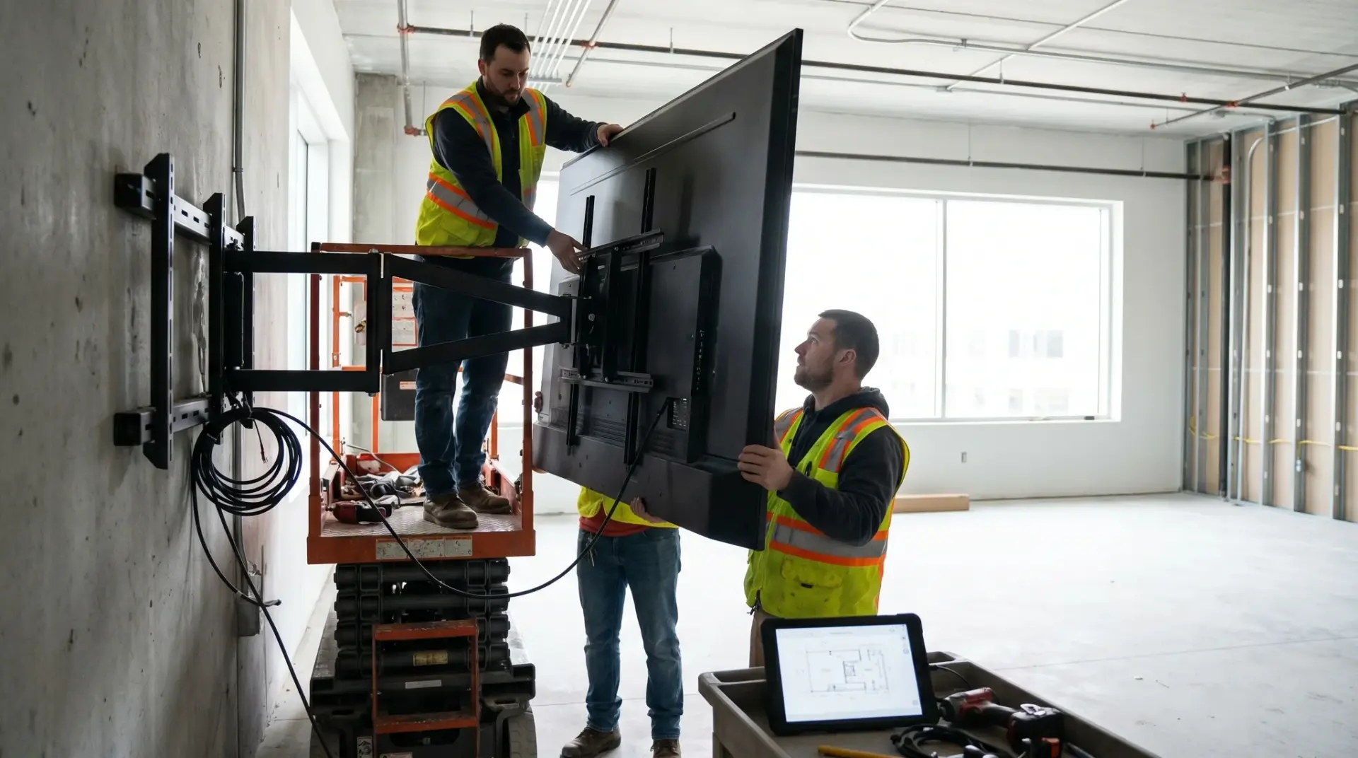 Techniker montiert ein großformatiges Profi-Display an eine Wandhalterung