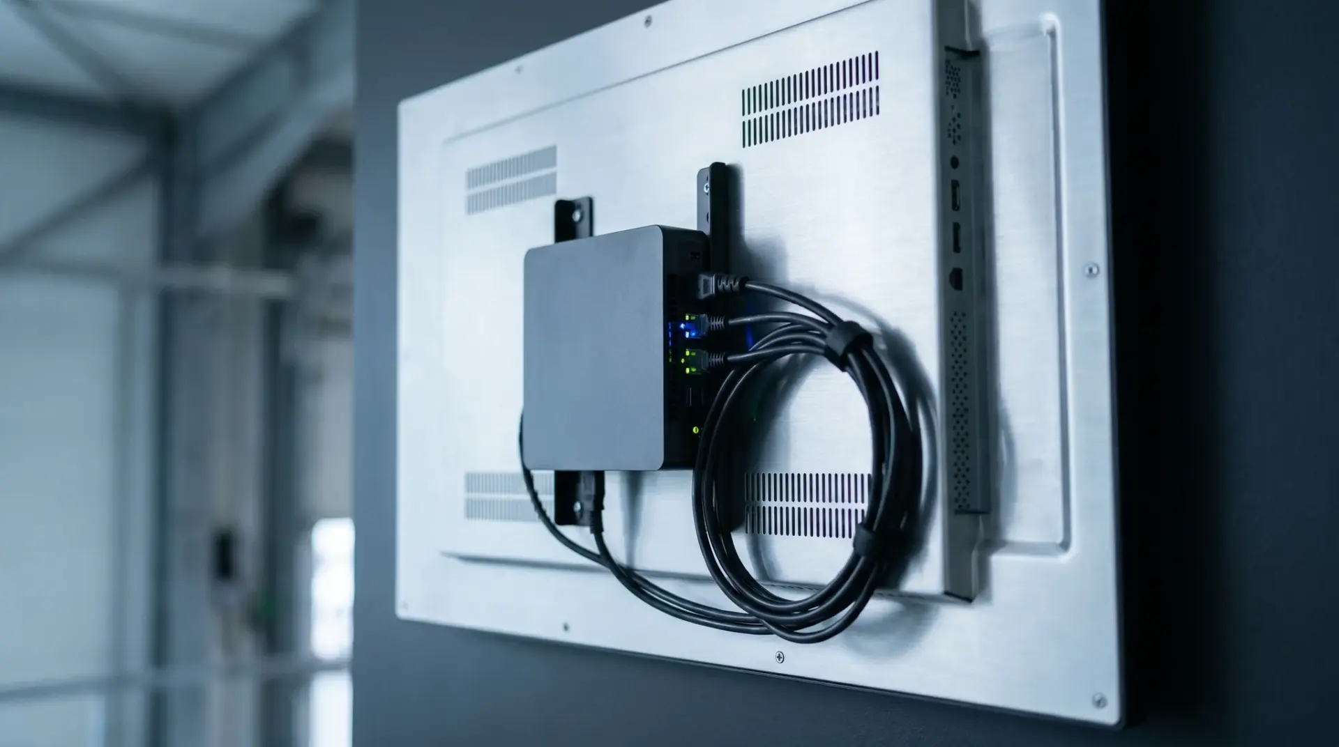 Medienplayer und Netzwerkanbindung hinter einem Digital-Signage-Display im Detail