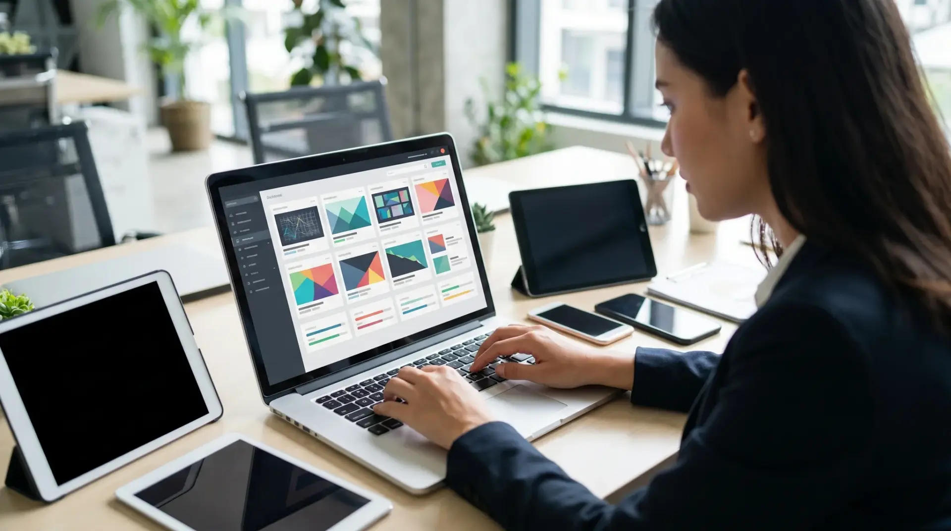 Mitarbeiterin bespielt am Laptop ein zentrales Content-Management-System für mehrere Bildschirme