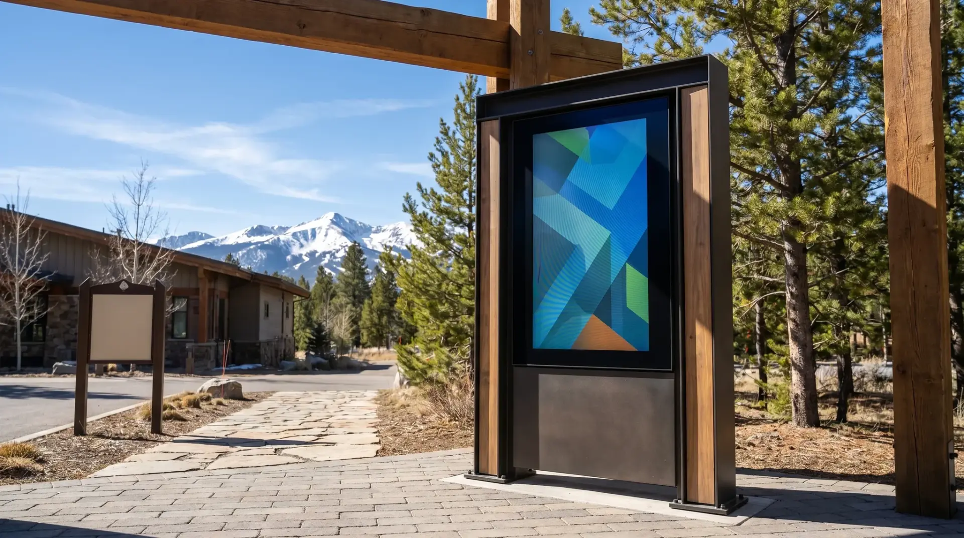 Wetterfeste Outdoor-Stele mit hellem Display am Eingang eines Geländes im Alpenraum