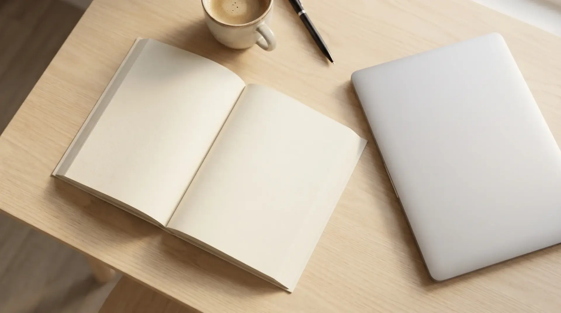 Offener Leitfaden als Booklet neben einem Laptop auf einem hellen Schreibtisch