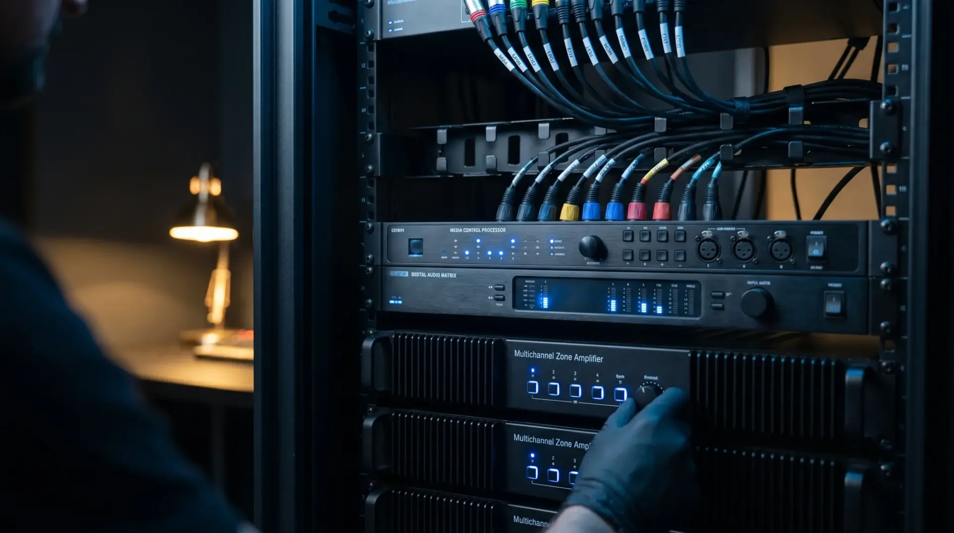 Steuerprozessor und Audio-Matrix im Technikrack der Mediensteuerung im Detail