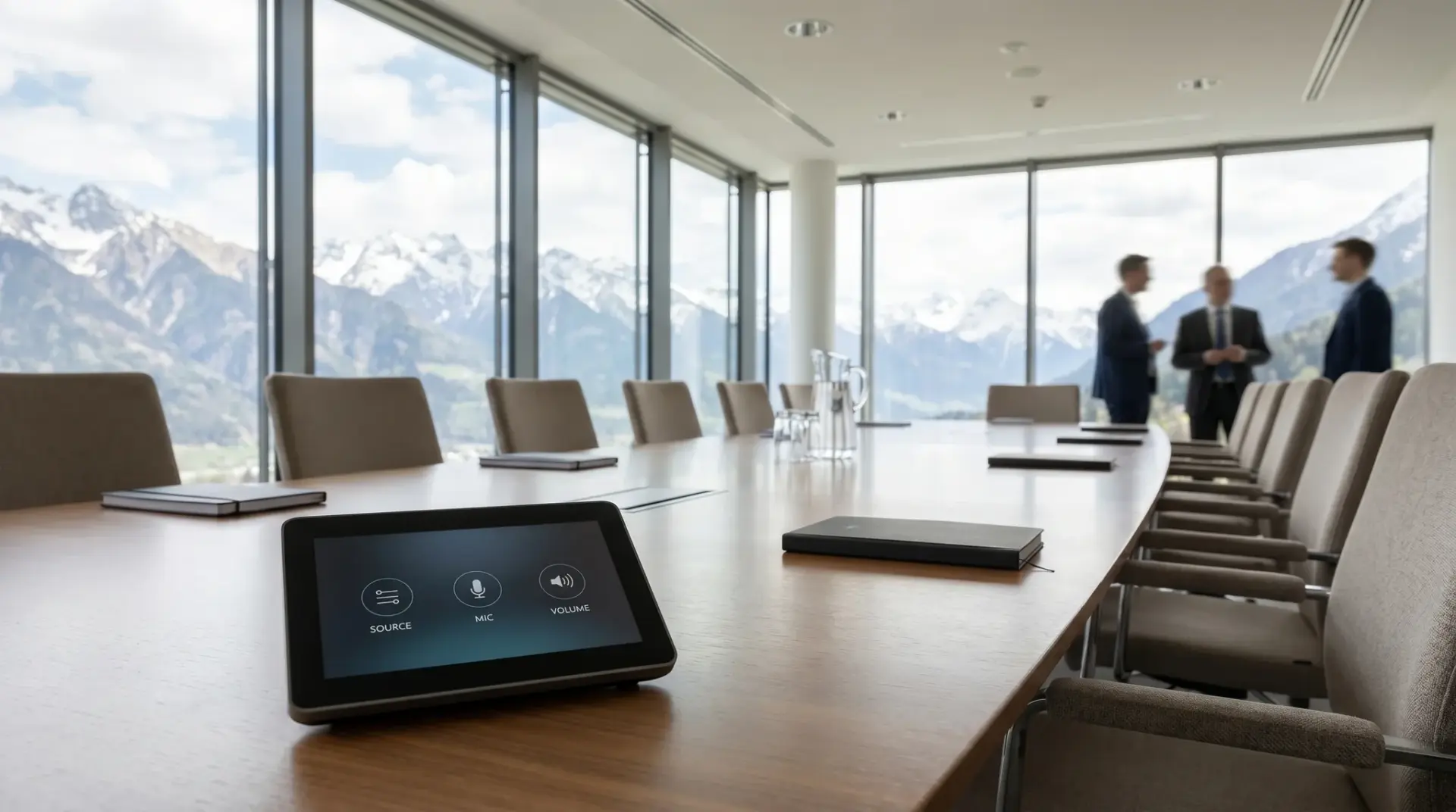 Touchpanel im modernen Seminarraum steuert Quelle, Mikrofon und Lautstärke zentral