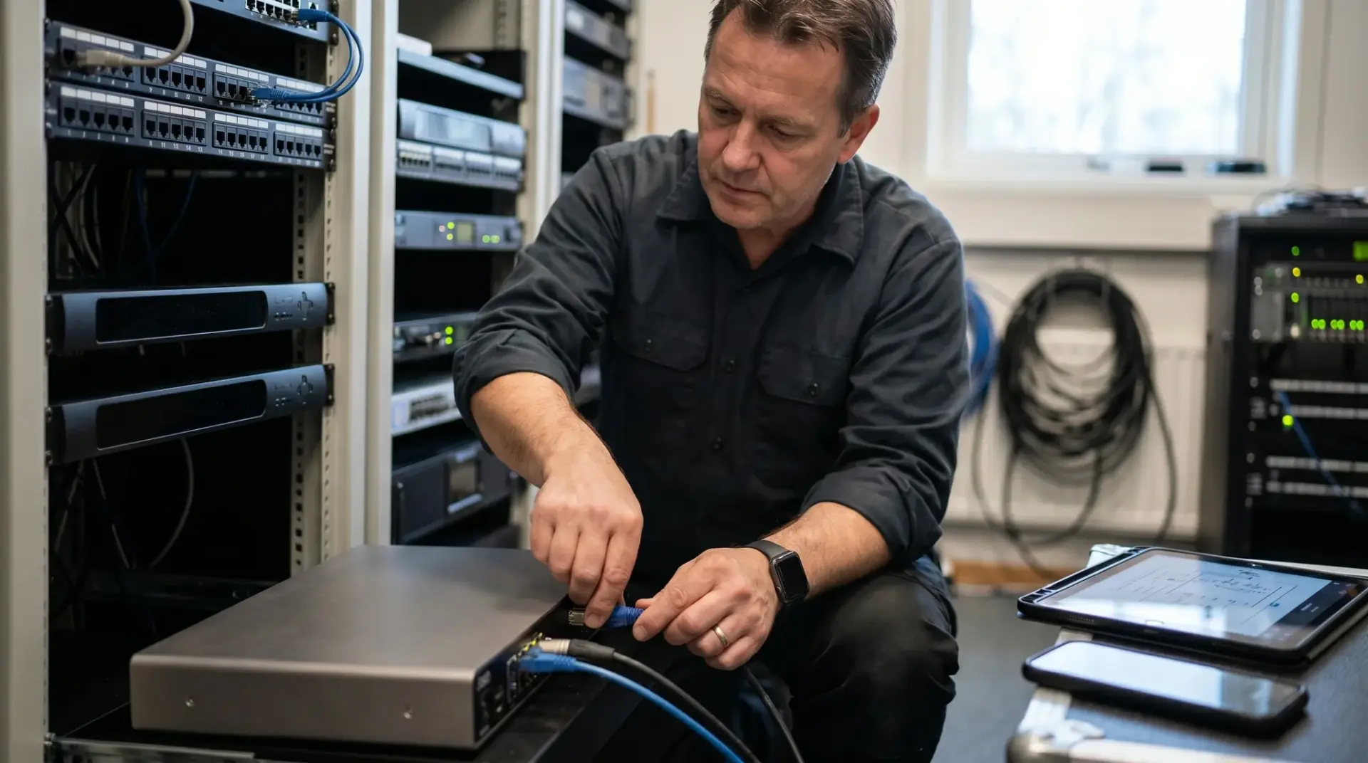 Techniker konfiguriert die Quellengeräte und IP-Verkabelung im Technikraum