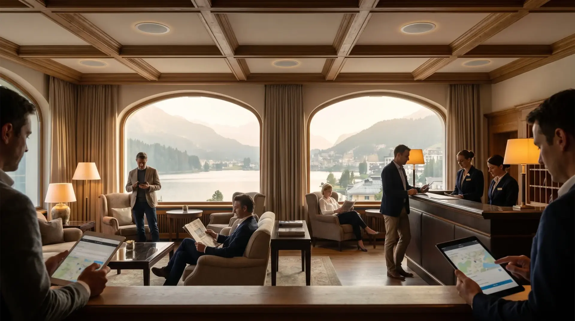 Elegante Hotellobby im Alpenraum mit dezenter, lizenzkonformer Hintergrundmusik