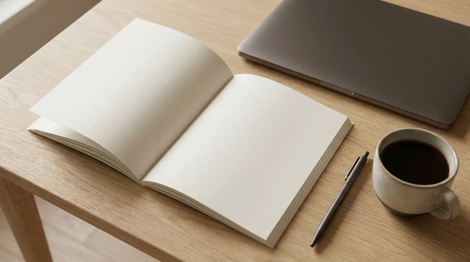 Offener Leitfaden als Booklet neben einem Laptop auf einem hellen Schreibtisch