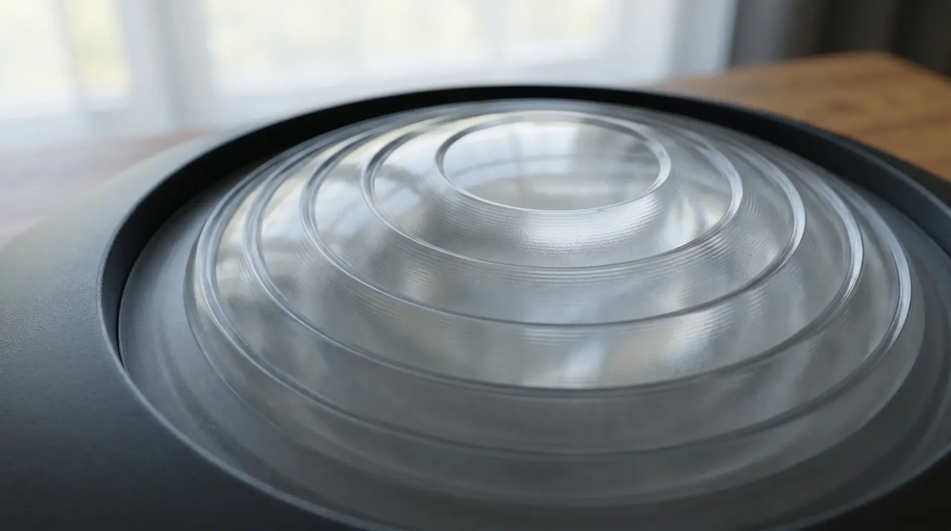 Detailaufnahme der Sensorlinse eines hochwertigen Präsenzmelders mit feiner Mehrzonen-Optik