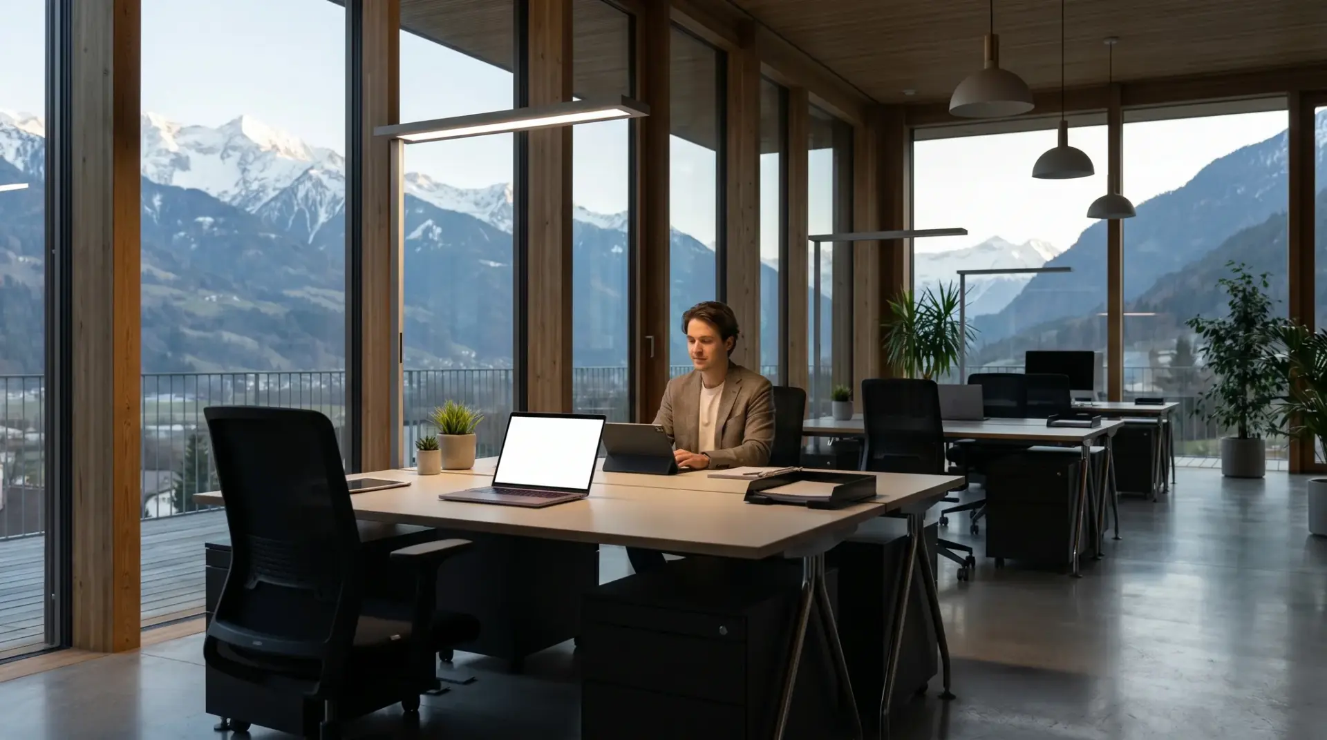Helles modernes Büro im Alpenraum, in dem das Licht präsenzgesteuert nur über den besetzten Arbeitsplätzen brennt