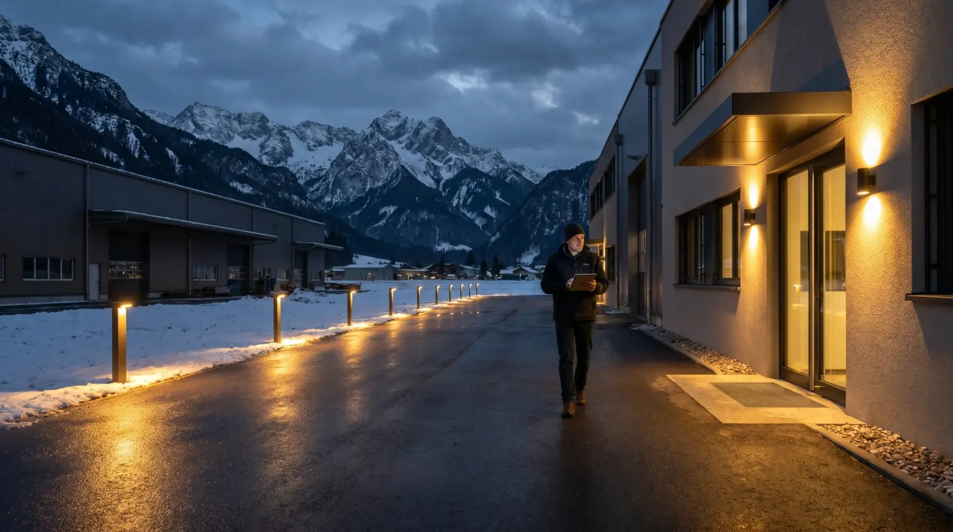 Beleuchteter Gewerbehof bei Nacht, dessen Außenleuchten beim Annähern einer Person automatisch angehen