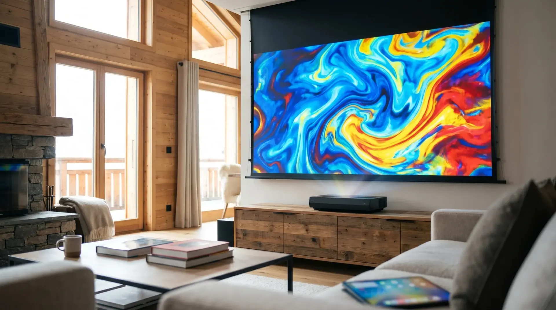 Laser-TV mit Ultrakurzdistanz-Projektor wirft ein brillantes Großbild auf eine CLR-Leinwand bei Tageslicht