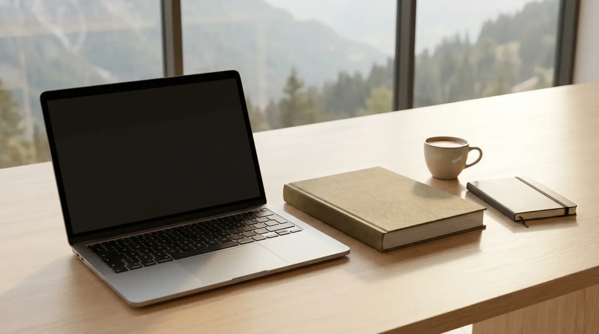 Gedruckter Leitfaden zu Projektionsleinwänden liegt neben einem Laptop auf einem hellen Schreibtisch