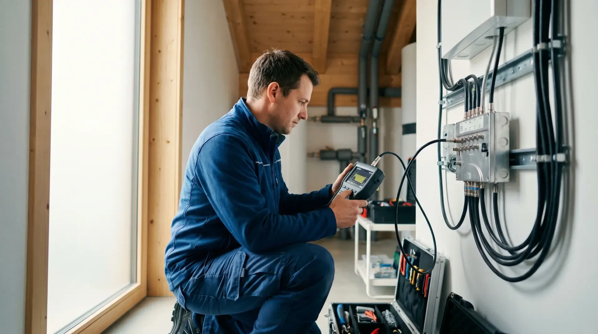 Techniker der MULTIMEDIAFABRIK misst mit einem kalibrierten Pegelmessgerät ein Hausverteilnetz im Technikraum