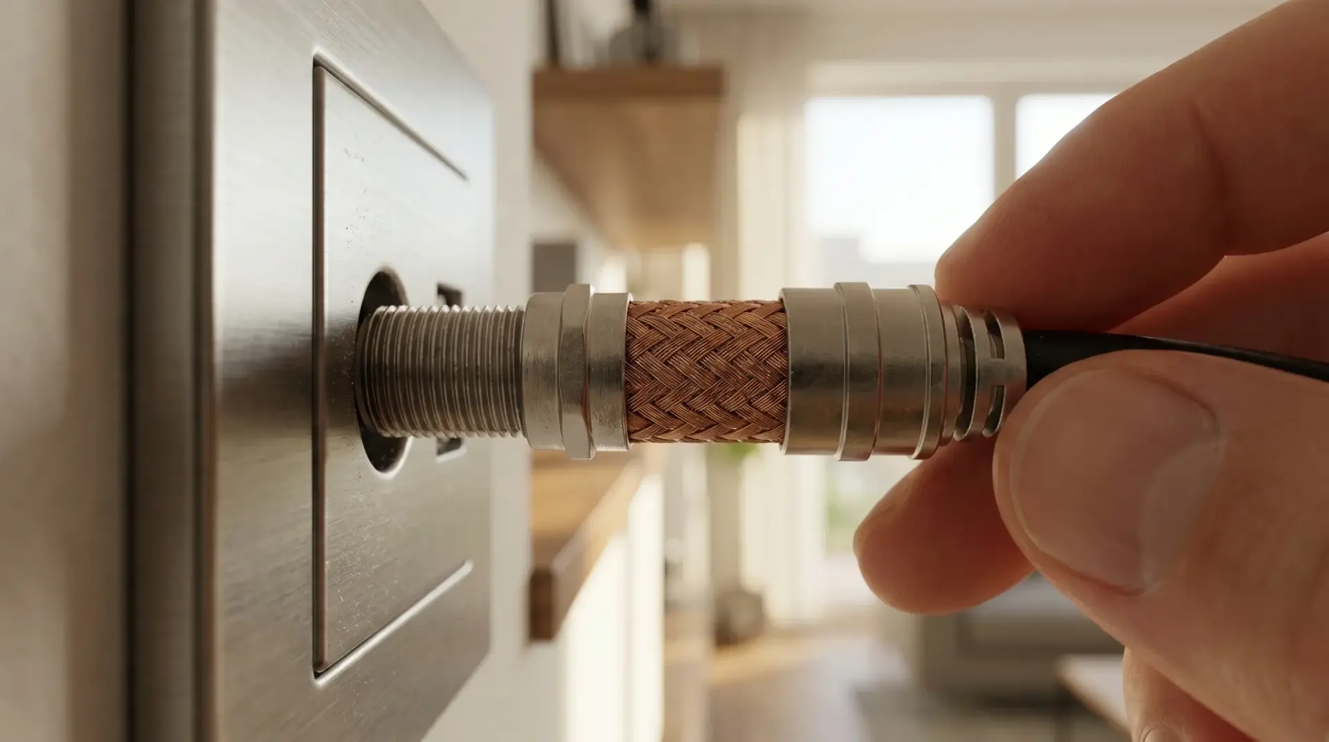 Nahaufnahme eines dreifach geschirmten Koaxialkabels mit F-Stecker an einer Multimedia-Dose