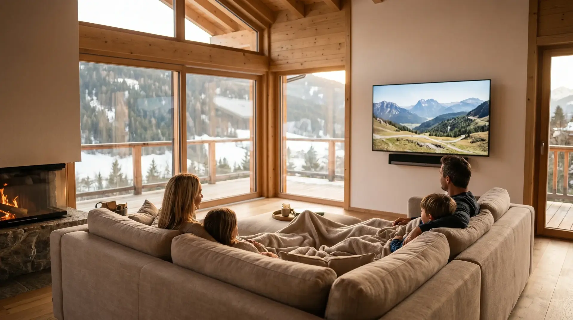 Familie schaut im Wohnzimmer stabiles Fernsehen über ein einwandfreies Hausverteilnetz