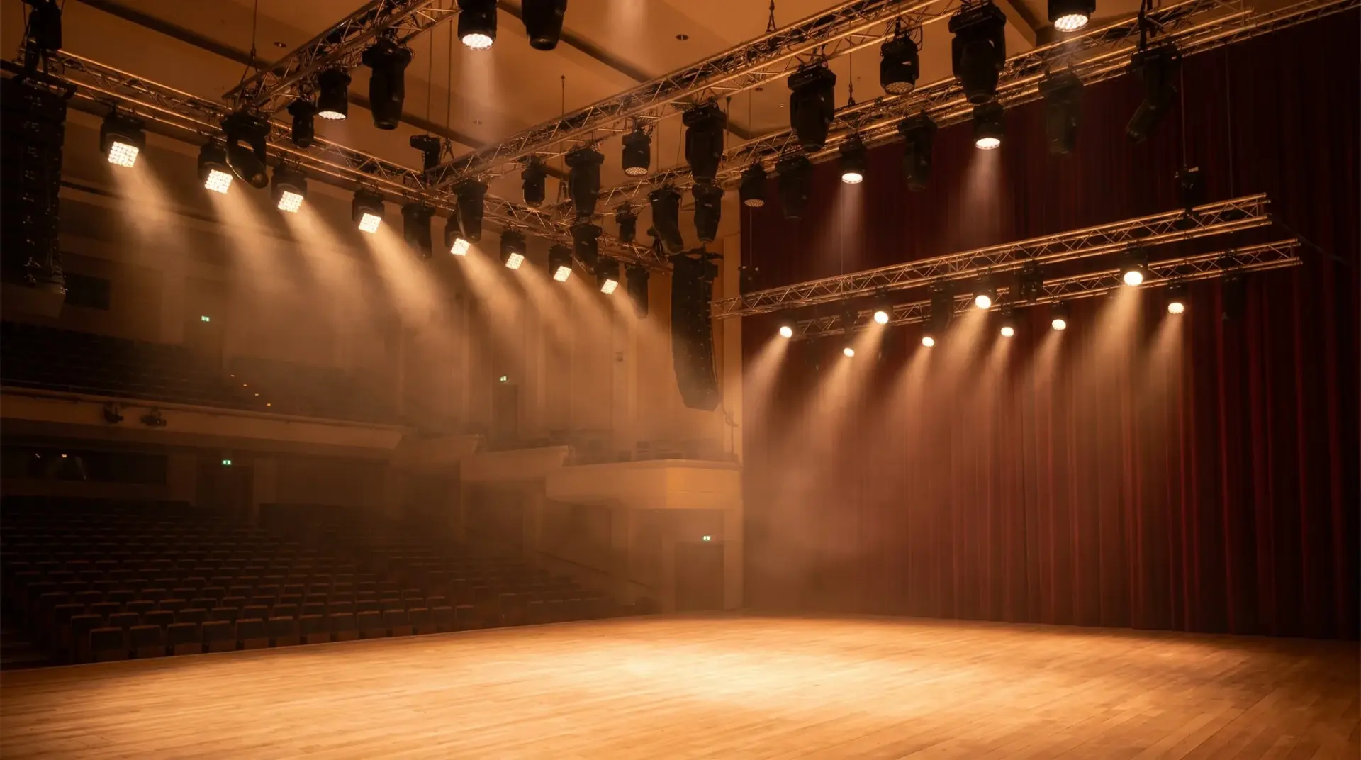 Cineastisch beleuchtete Theaterbühne in einem Veranstaltungssaal mit warmen Lichtkegeln und Moving-Heads