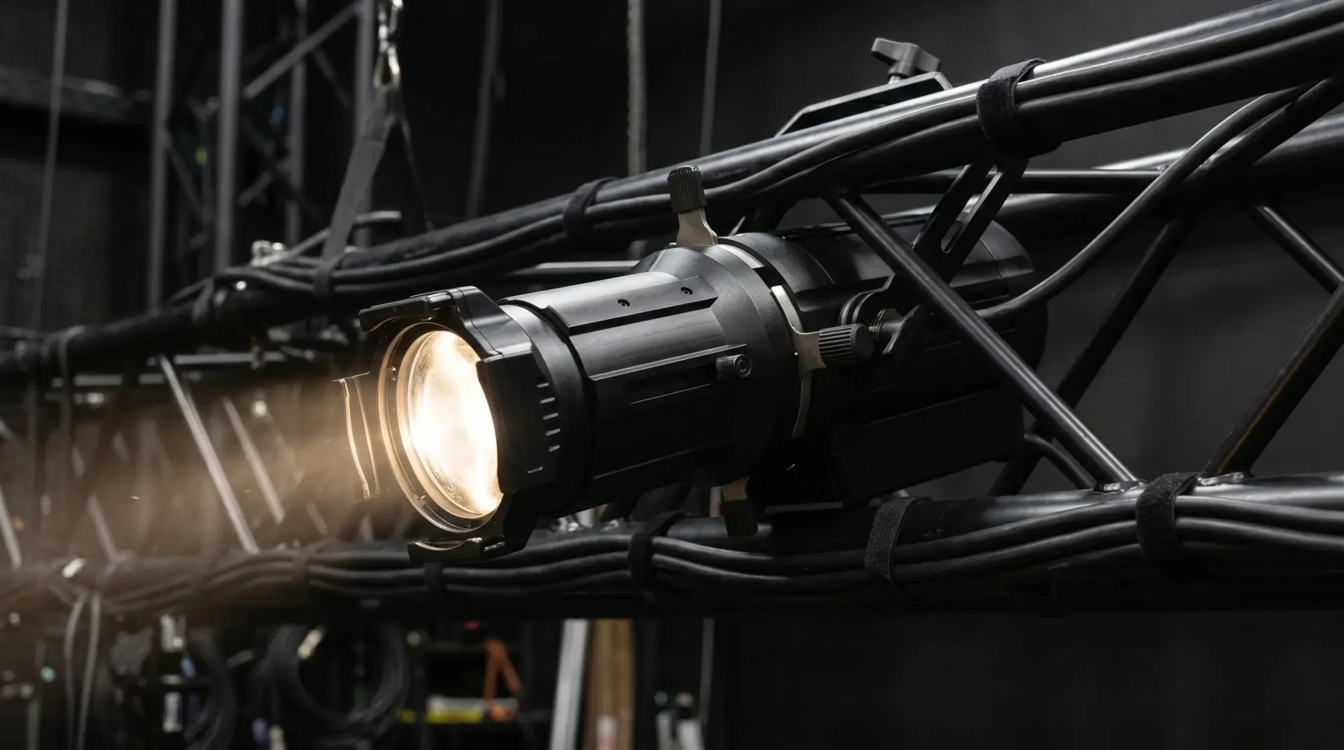 Detailaufnahme eines modernen LED-Profilscheinwerfers mit Blenden an einer Bühnentraverse