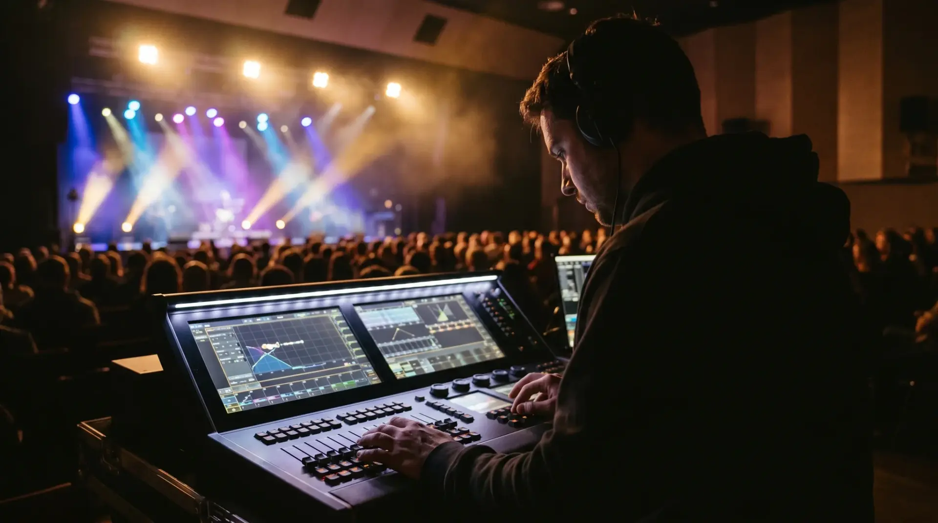 Lichttechniker bedient ein Lichtpult mit programmierten Show-Files an der Bühne