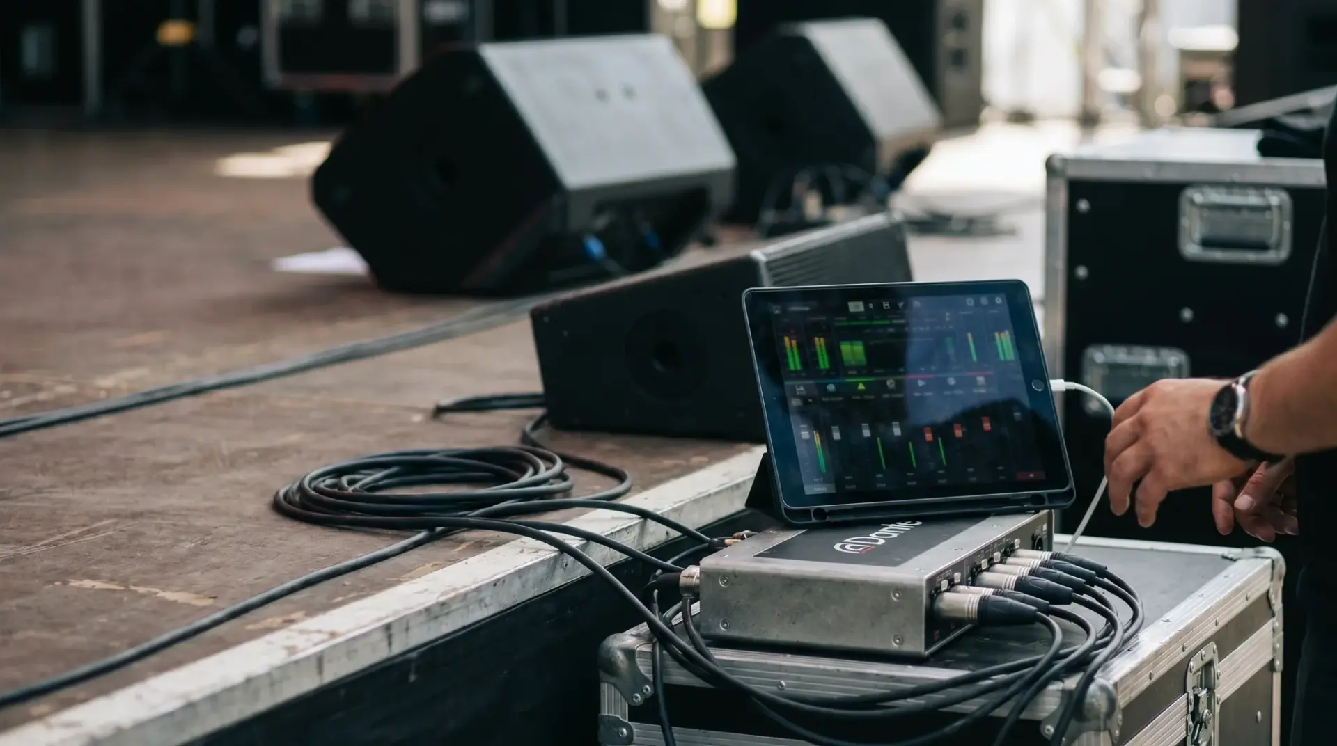 Nahaufnahme eines Dante-Personal-Mixing-Tablets und einer Stagebox am Bühnenrand