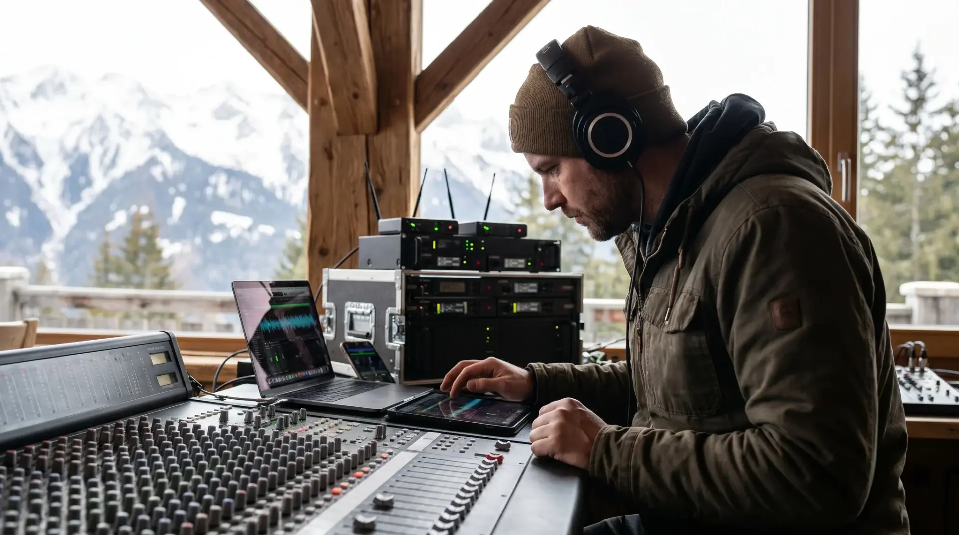 Tontechniker koordiniert Funkstrecken und Mixe am Monitorpult hinter der Bühne