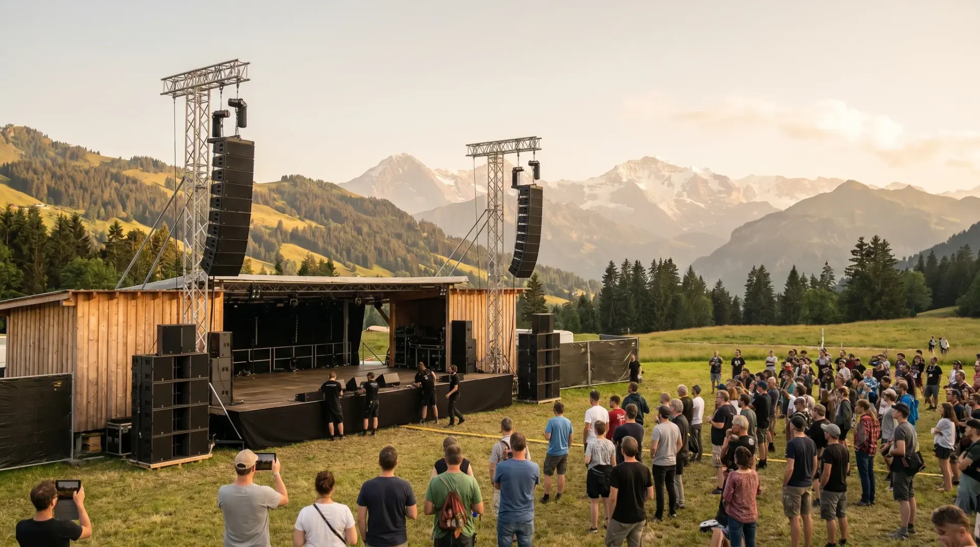 Sidefills und geflogene Monitore über einer Festivalbühne im Alpenraum bei Tageslicht