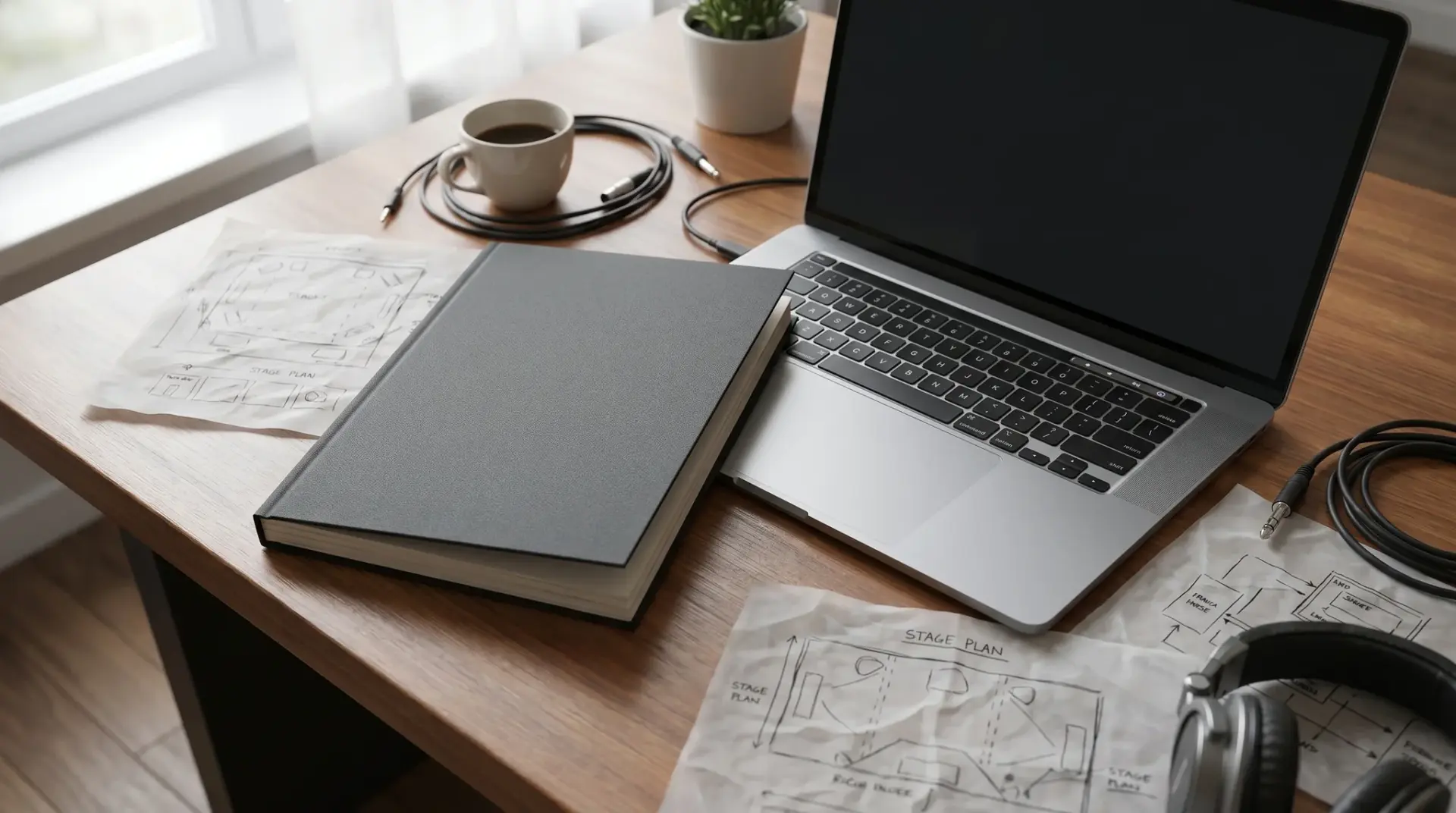 Der Bühnenmonitore-Guide 2026 als gedruckter Leitfaden neben einem Laptop am Arbeitsplatz