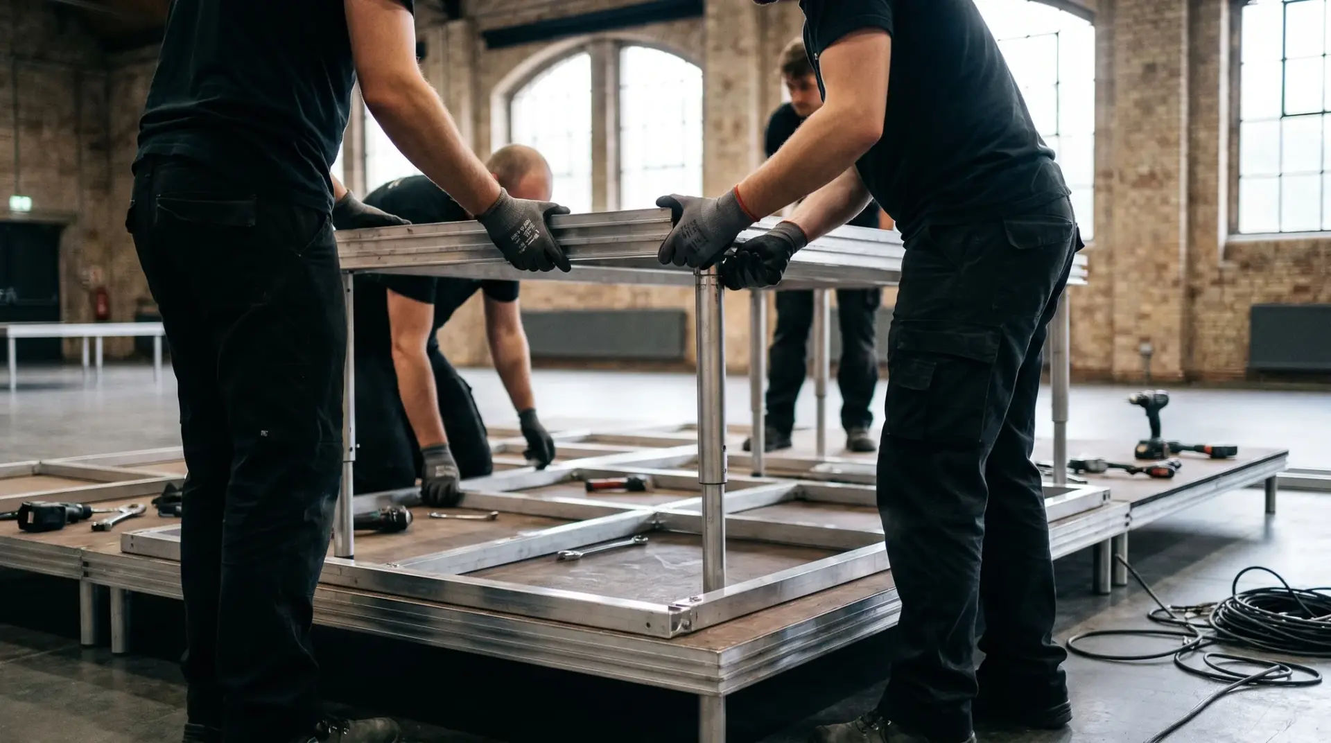 Technik-Team montiert lastgeprüfte Podestelemente und höhenverstellbare Füße zu einer Bühne