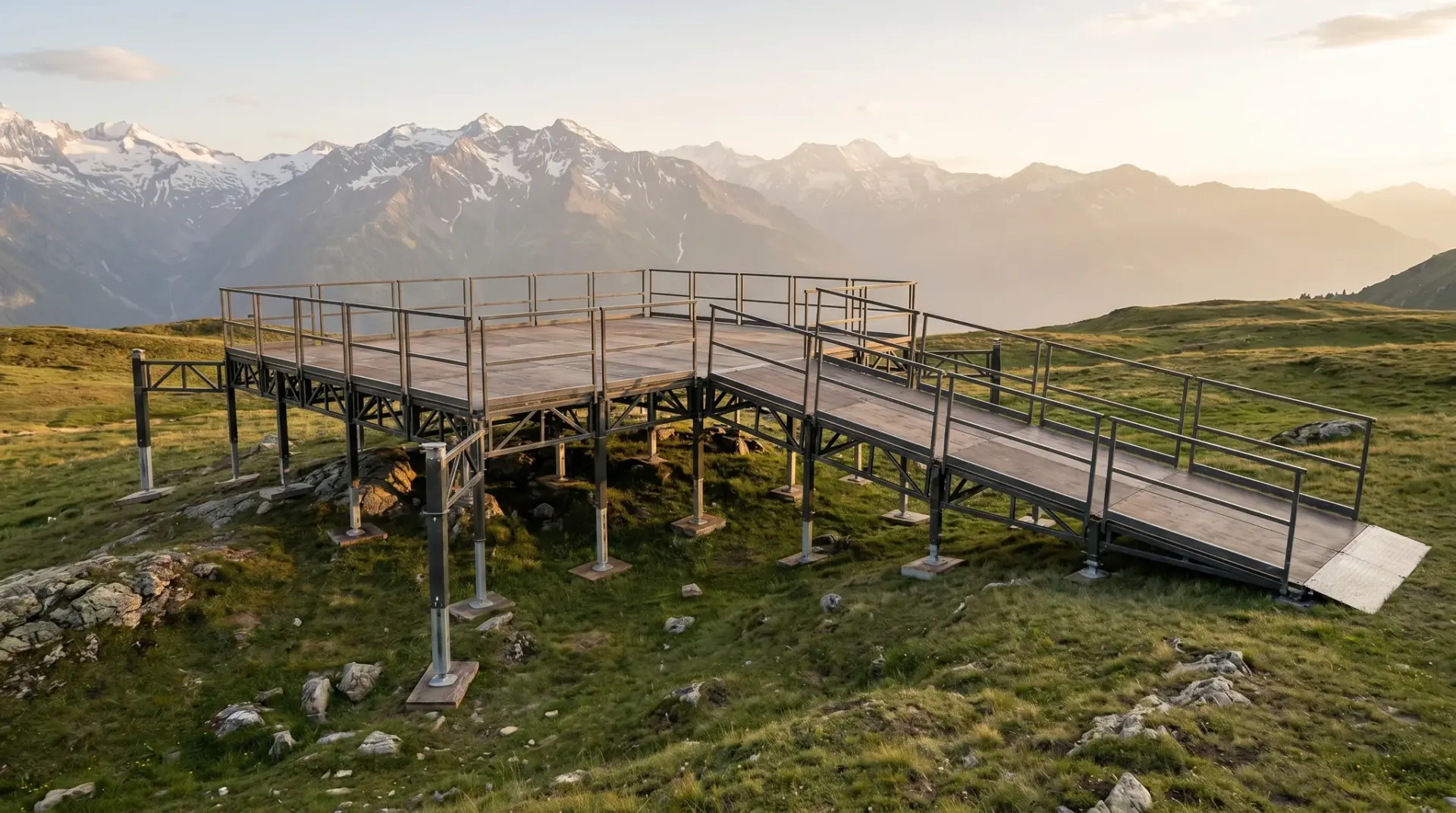 Modulare Außenbühne mit Niveau-Ausgleich auf unebenem Platz vor Alpenkulisse