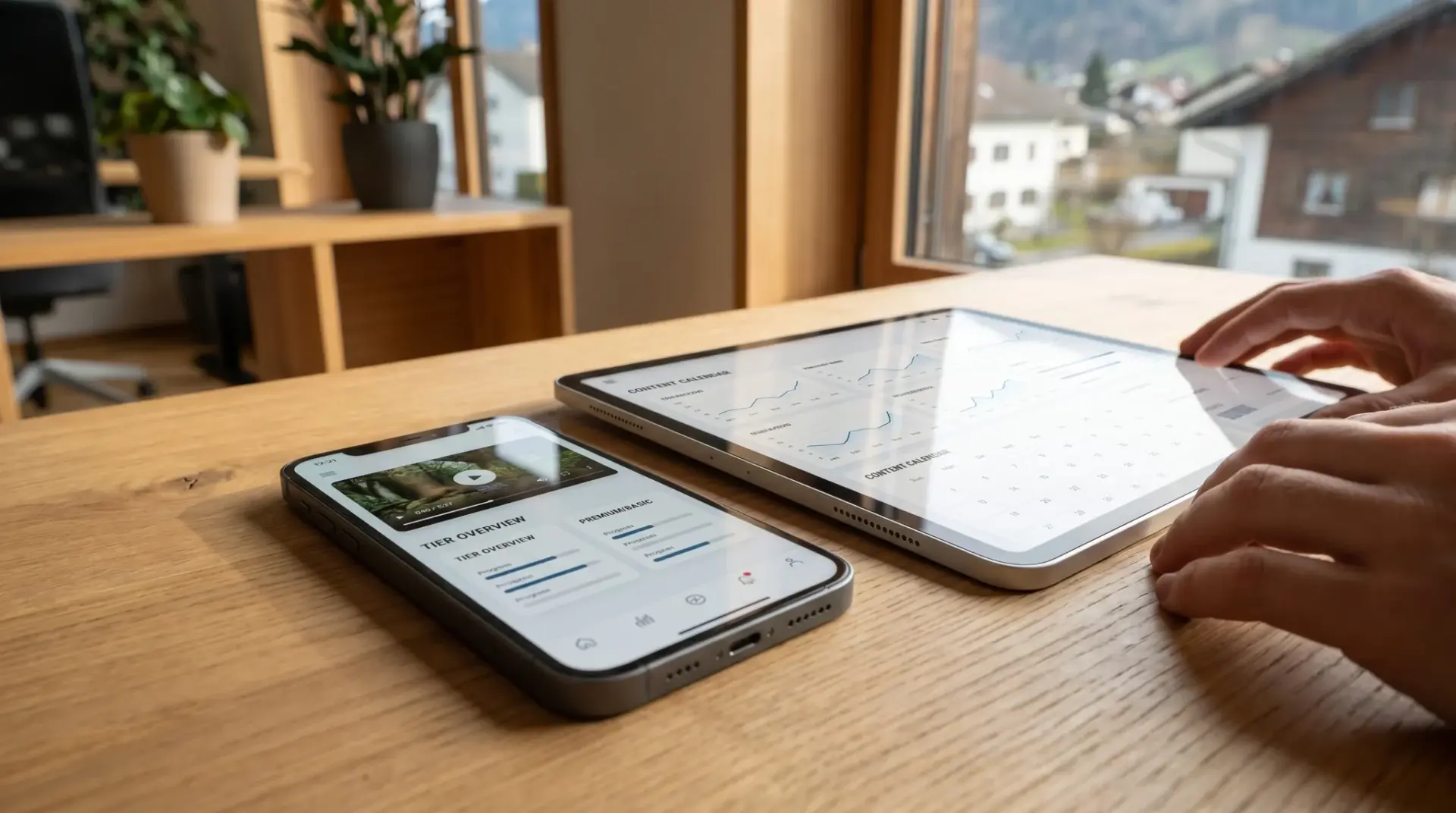 Native App auf Smartphone und Tablet mit Video-Feed und Admin-Dashboard nebeneinander
