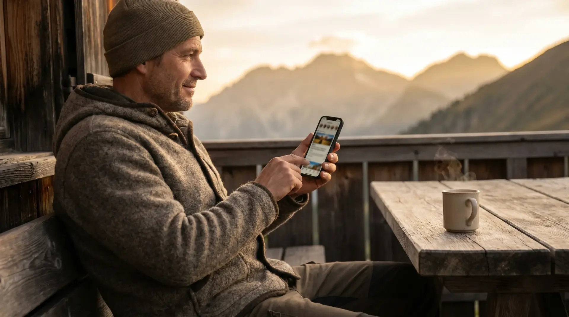 Stammkunde öffnet morgens auf einer Berghütte die App auf dem Smartphone