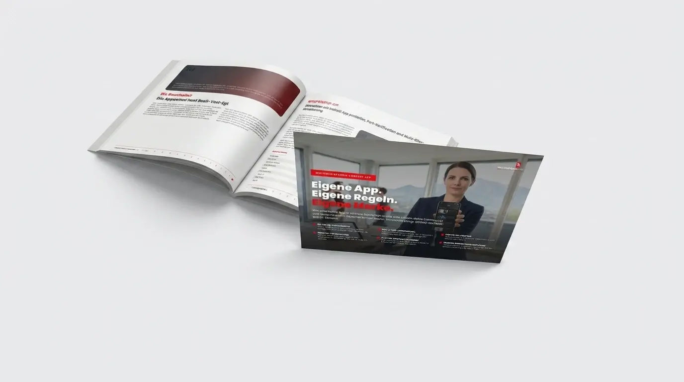 Aufgeschlagener Premium-Leitfaden als Booklet neben einem Laptop auf hellem Schreibtisch