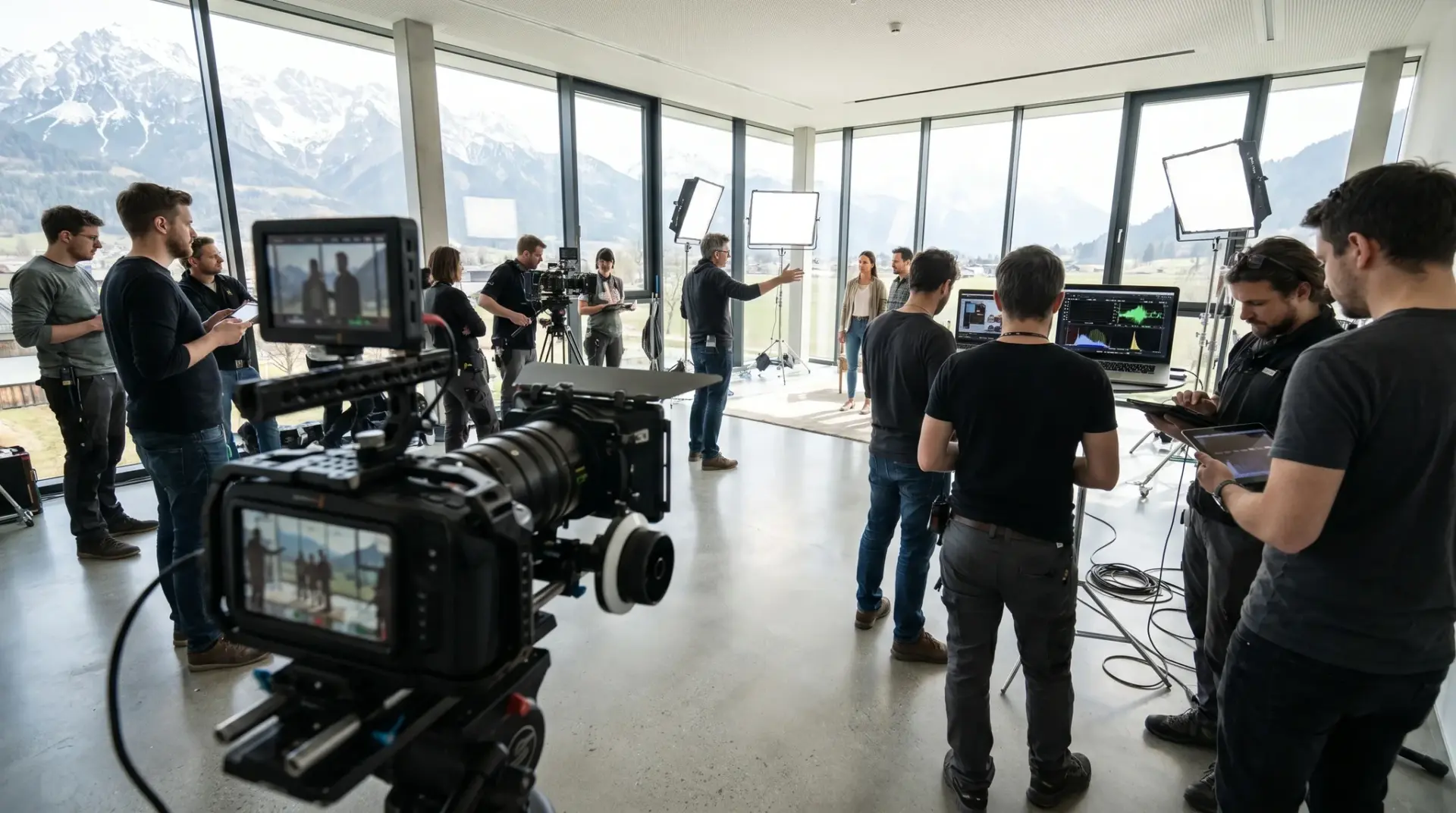 Eingespieltes Produktionsteam dreht in einem hellen Studio im Alpenraum Bewegtbild- und Foto-Content