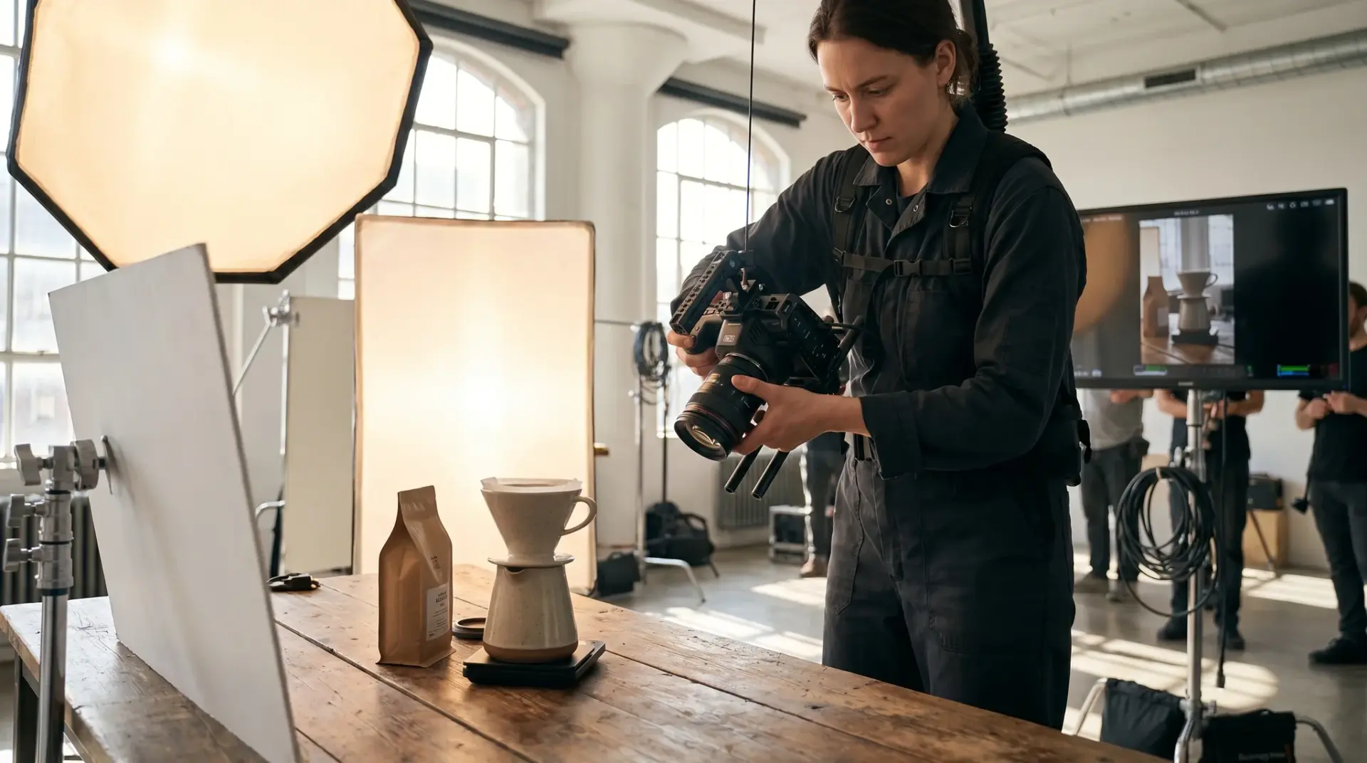 Kamerafrau filmt mit einer Blackmagic-Cinema-Kamera ein vertikales Reel von einem Produkt am Set