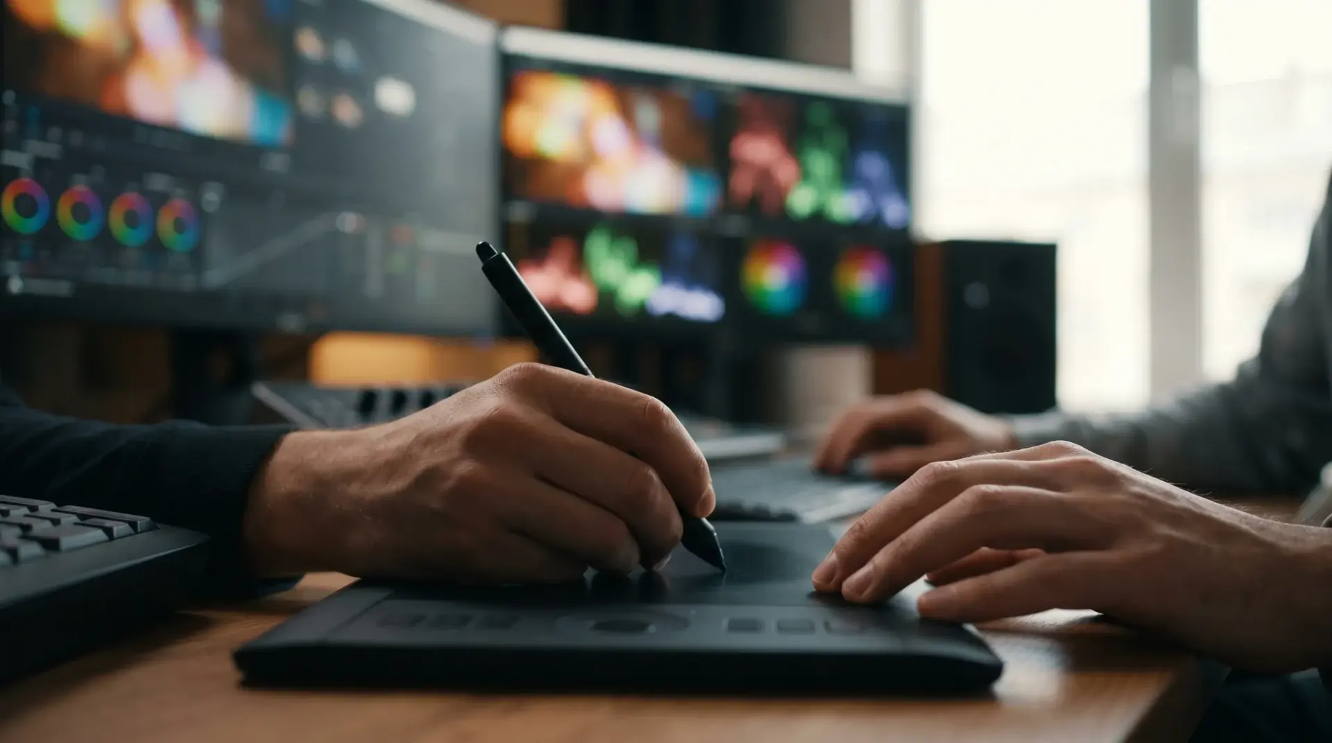 Detailaufnahme einer Editorin am Schnittplatz, die markenkonforme Clips und Farben bearbeitet