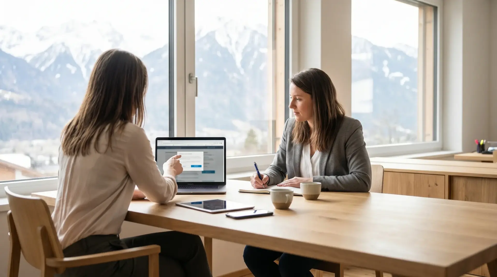 Marketing-Verantwortliche und Datenschutz-Beauftragte besprechen ein Consent-Setup am Bildschirm