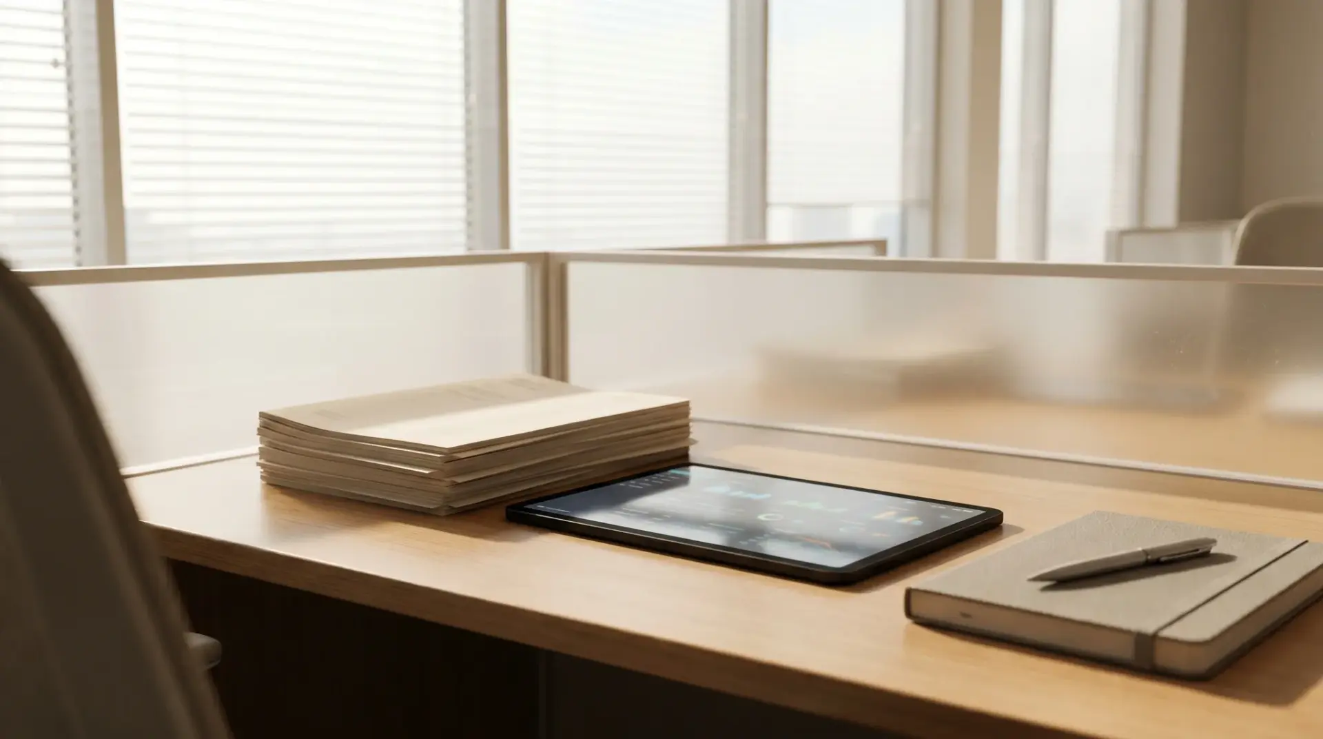 Datenschutz-Dokumentation und Consent-Log-Übersicht liegen geordnet neben einem Tablet auf dem Schreibtisch