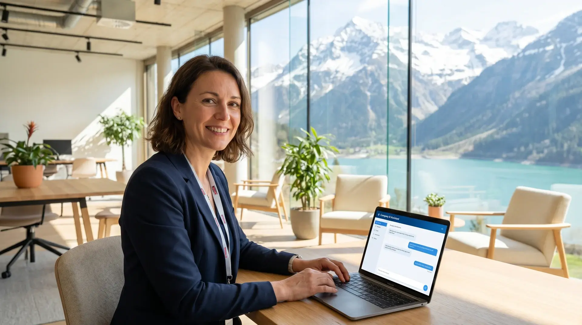 Mitarbeiterin am Laptop mit der Corporate KI App im hellen Buero mit Bergblick in Vorarlberg