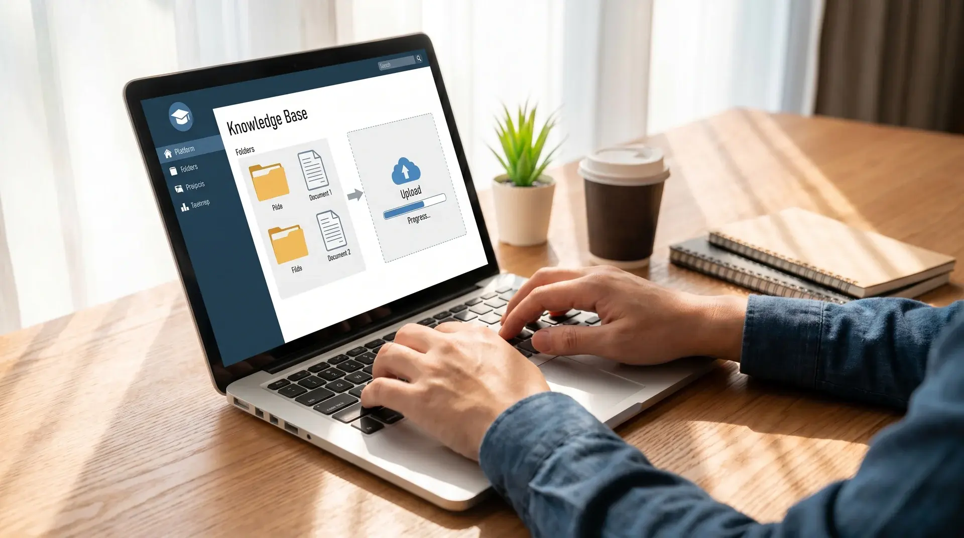 Haende laden Dokumente in die Wissensdatenbank der Corporate KI App