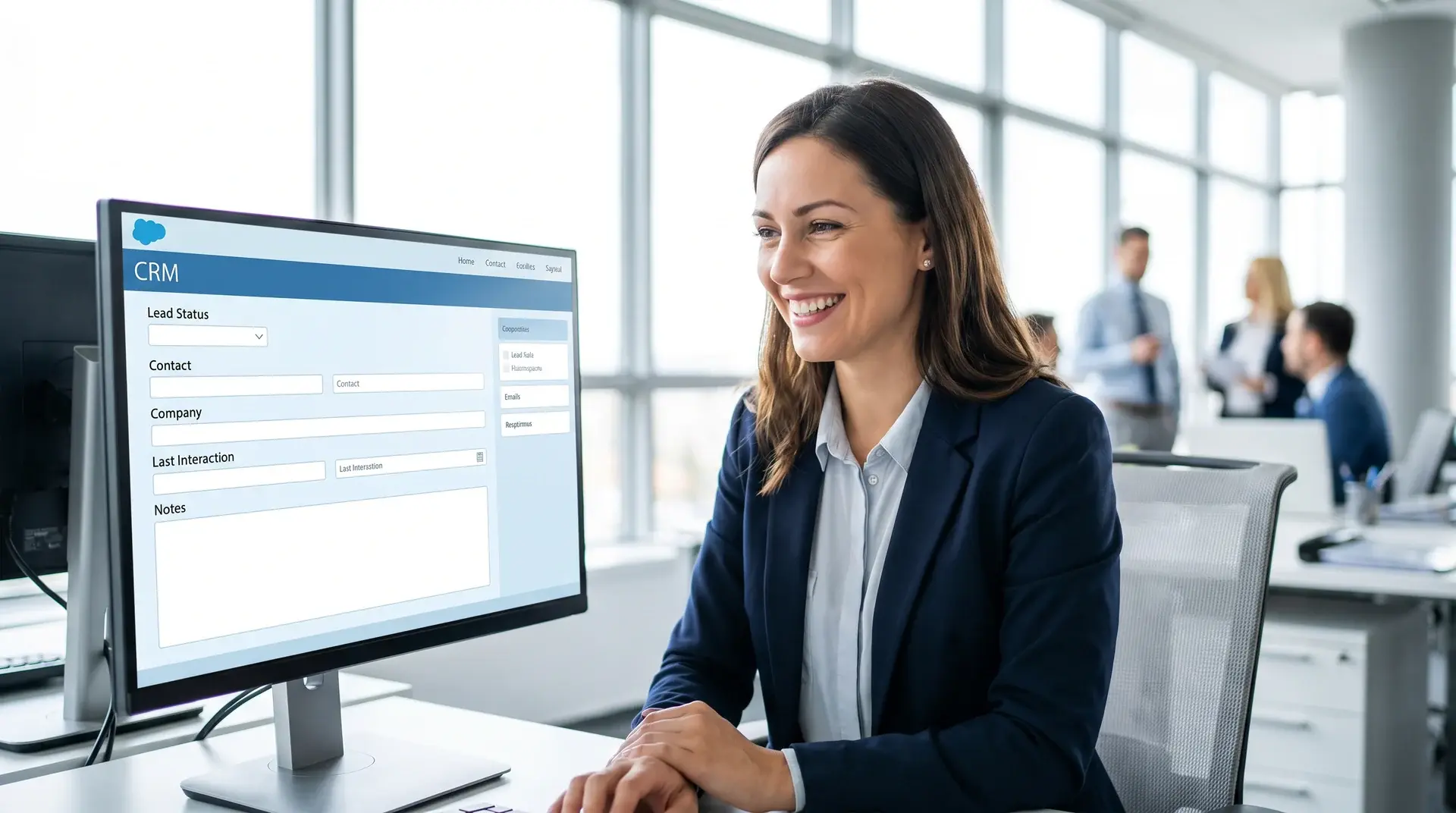 Vertriebsmitarbeiter mit angereicherter Lead-Karte am Monitor