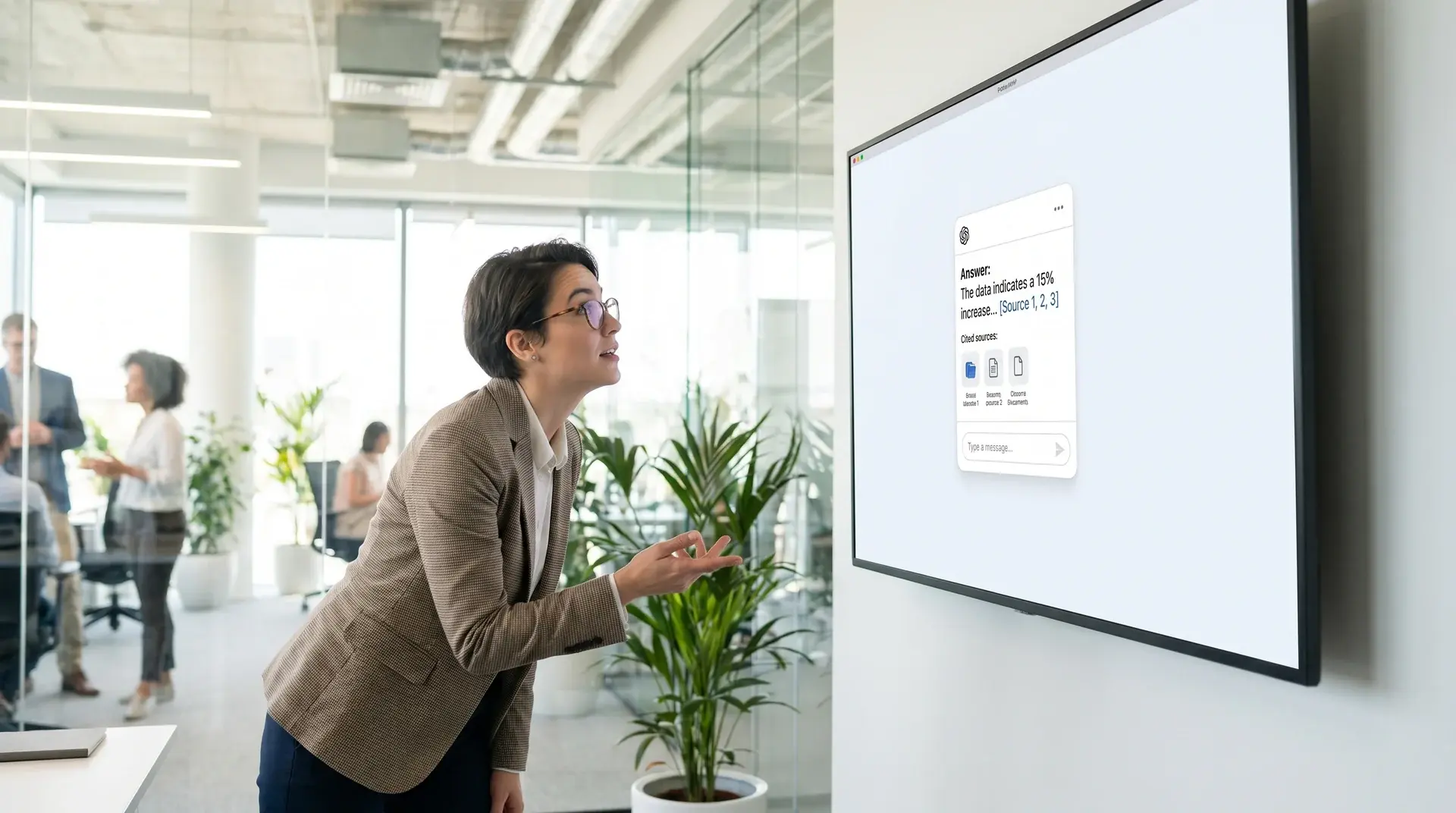 Person ruft Firmenwissen per Chat der Corporate KI App mit Quellenangaben ab
