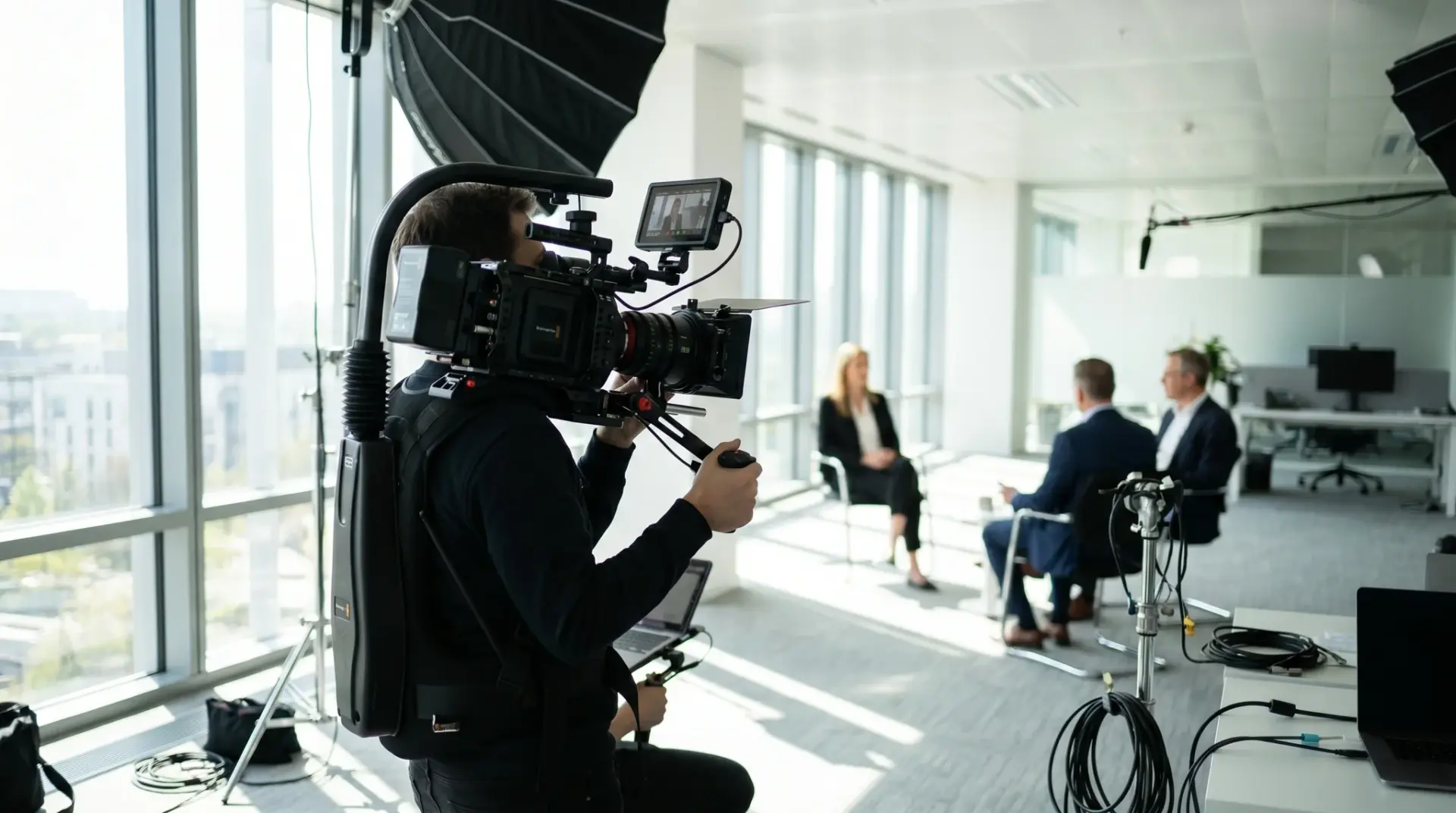 Kamerafrau filmt ein Consideration-Video mit Mehrkamera-Setup in einem Unternehmensumfeld