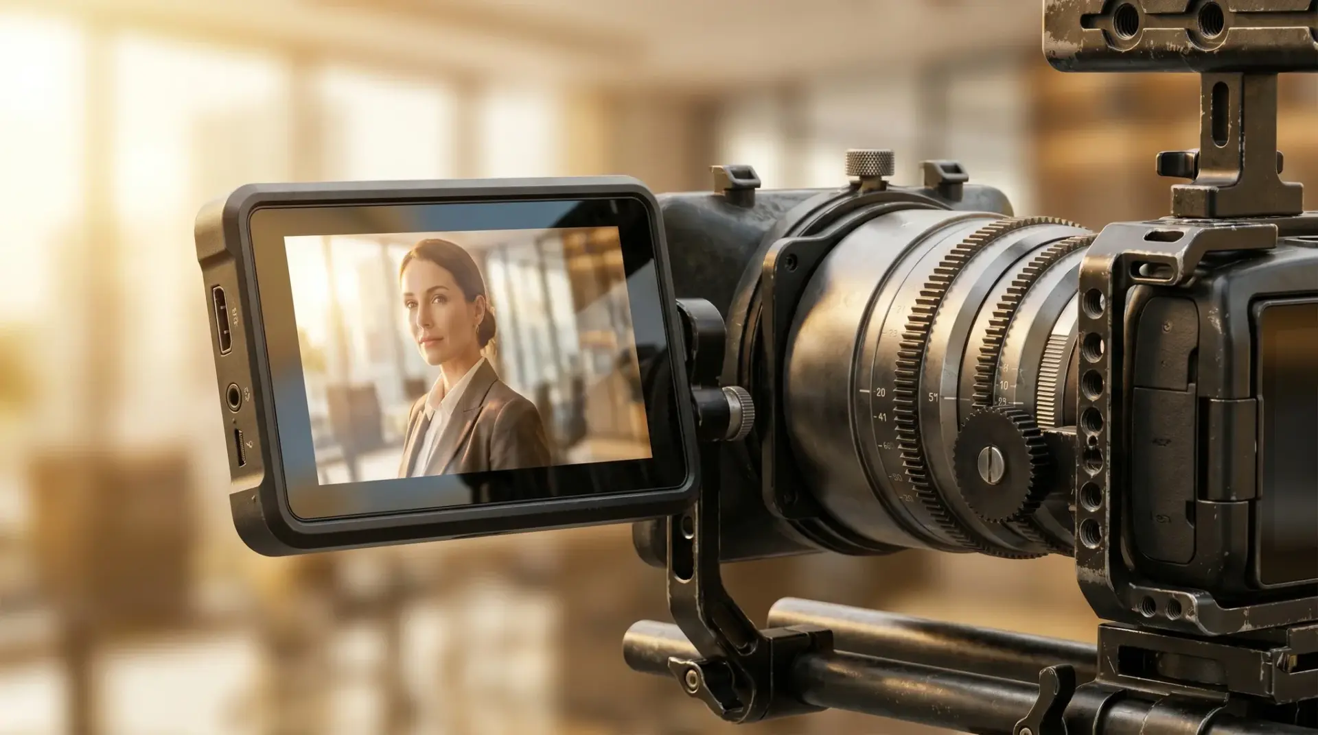 Nahaufnahme des Kameramonitors mit cinematisch eingestelltem Bild und DMZO-Cine-Linse