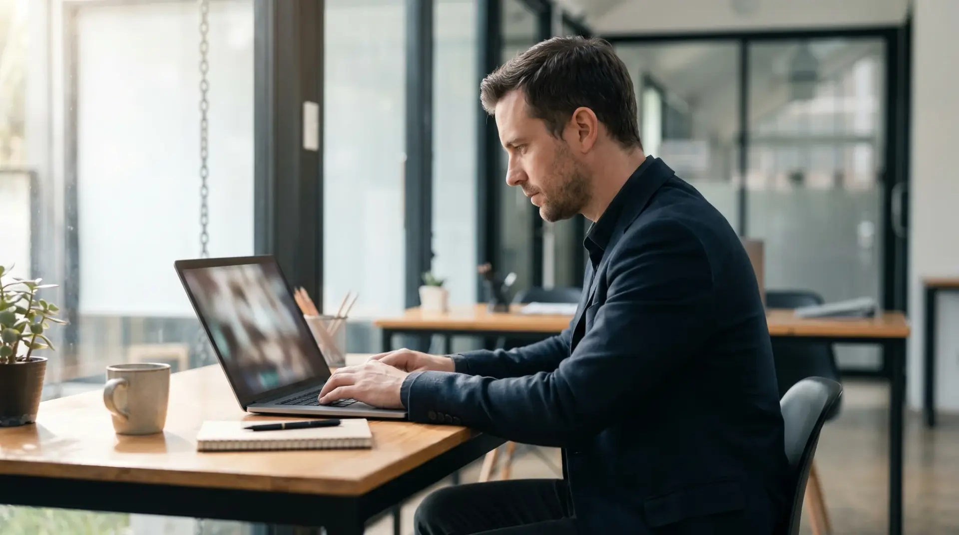 B2B-Käufer sieht auf dem Laptop ein Awareness-Video aus der Customer-Journey-Serie