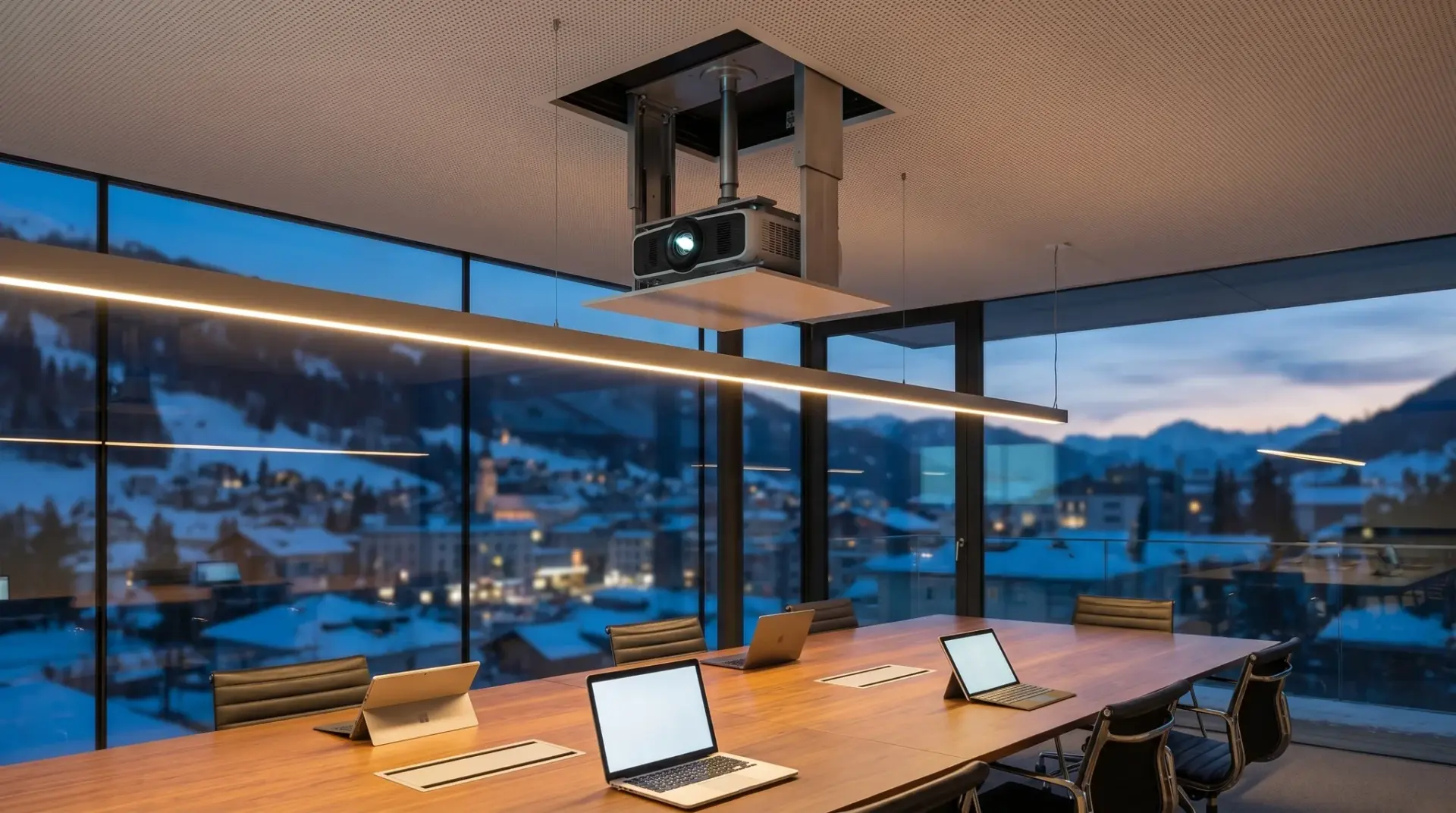 Premium-Boardroom mit motorisiertem Deckenlift, der einen Beamer aus der abgehängten Decke herausfährt