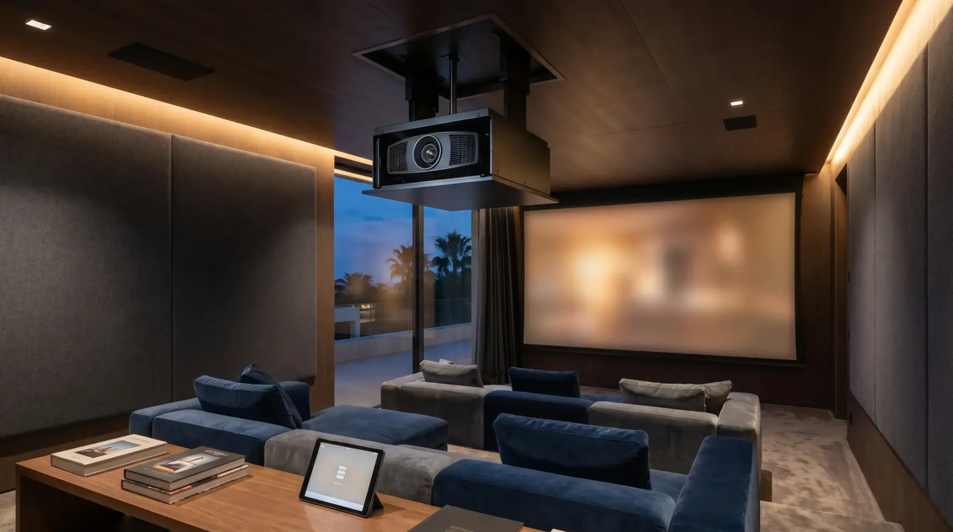 Premium-Heimkino bei dem ein Deckenlift den Beamer leise aus der Decke fährt