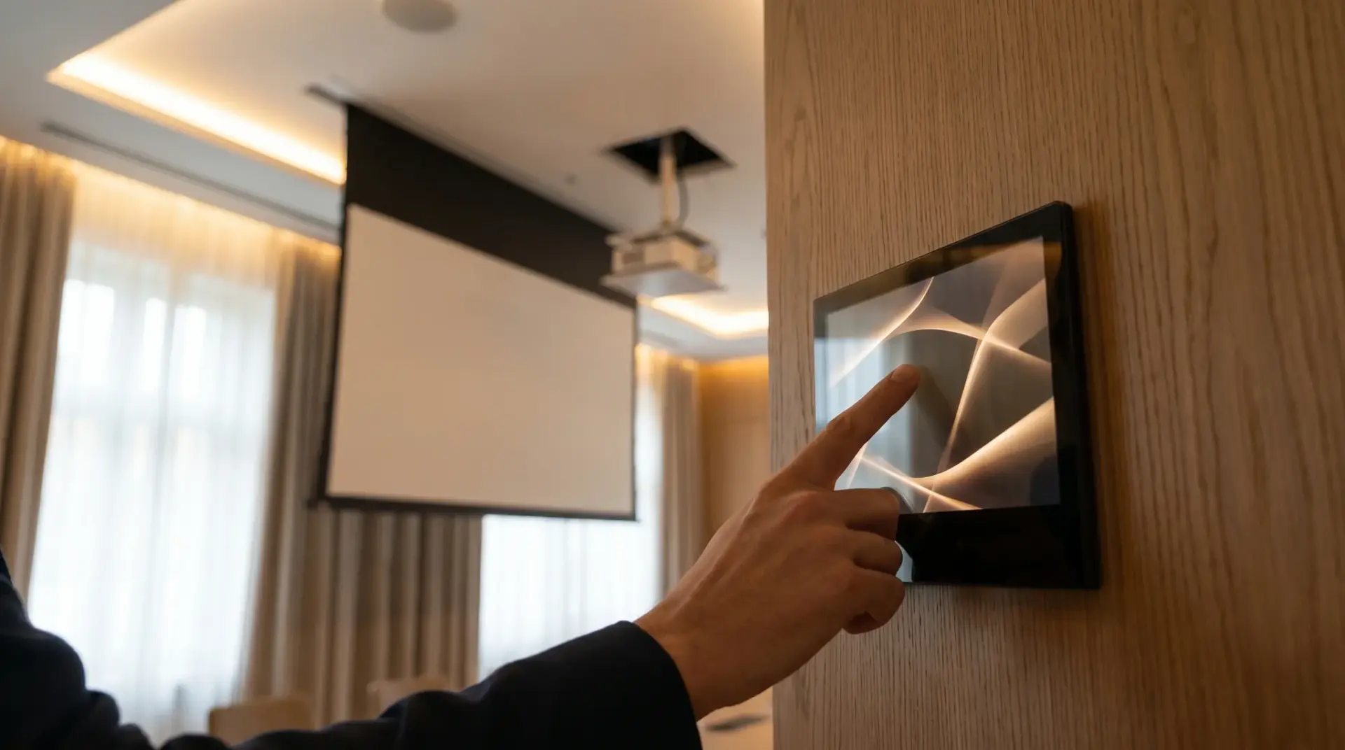 Hand bedient ein Wand-Touchpanel, das den Deckenlift und die Präsentation startet