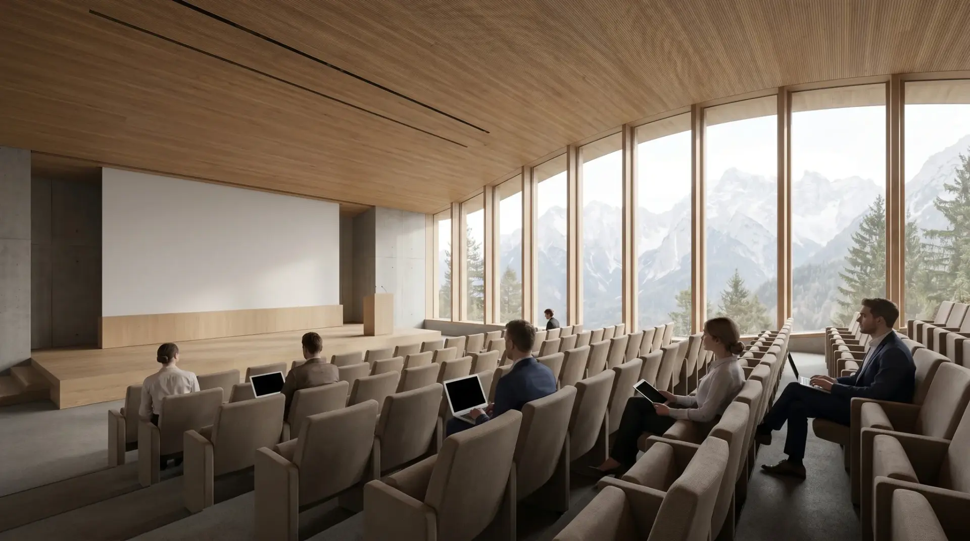 Hoher Seminarsaal im Alpenraum mit unsichtbarer Decken-Medientechnik und Tageslicht