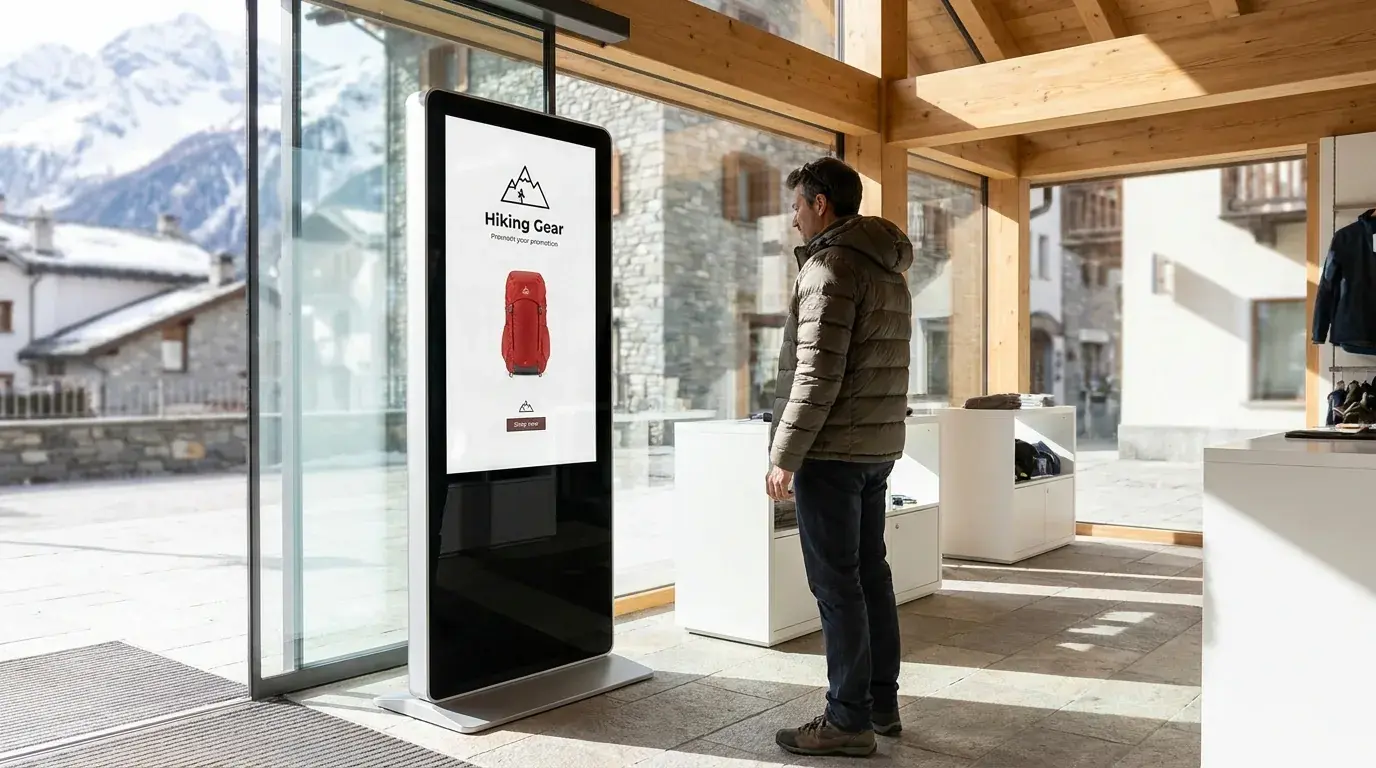 Digital-Signage-Stele mit Touchdisplay im Einzelhandel zur Kundeninformation am Point of Sale