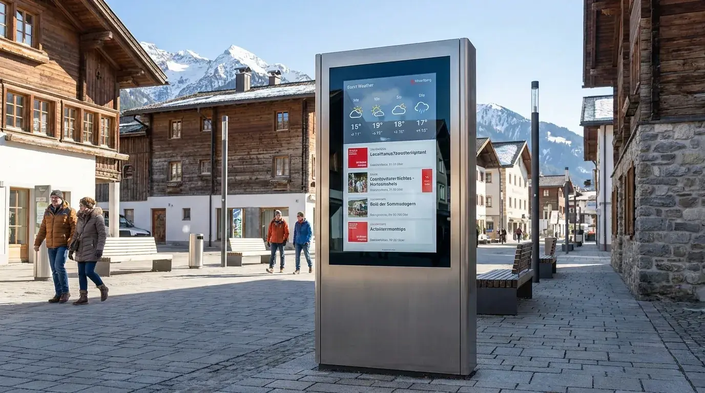 Wetterfeste Outdoor-Stele fuer Tourismus und Gemeinde im Aussenbereich bei Tageslicht