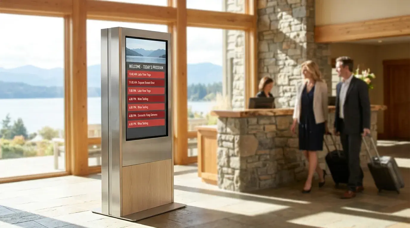 Digitale Empfangsstele in einer hellen Hotel-Lobby fuer den Premium-Empfang von Gaesten