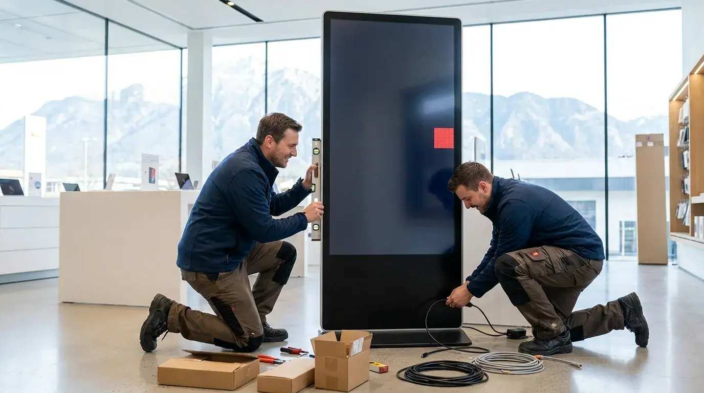 Techniker der MULTIMEDIAFABRIK bei Montage und Service einer Digital-Signage-Stele vor Ort